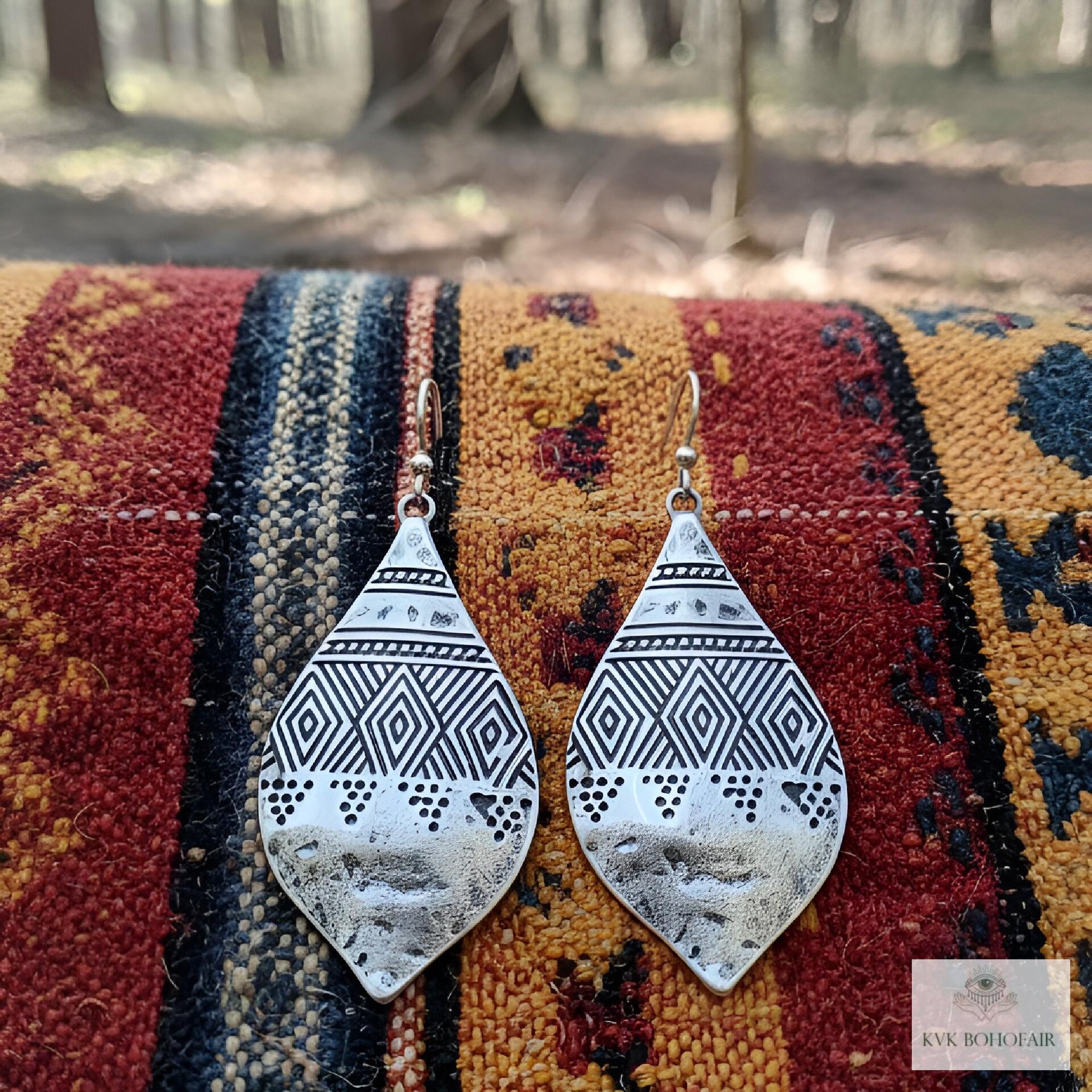 Silver Hammered Tribal Earrings - Geometric Ethnic Drop Earrings