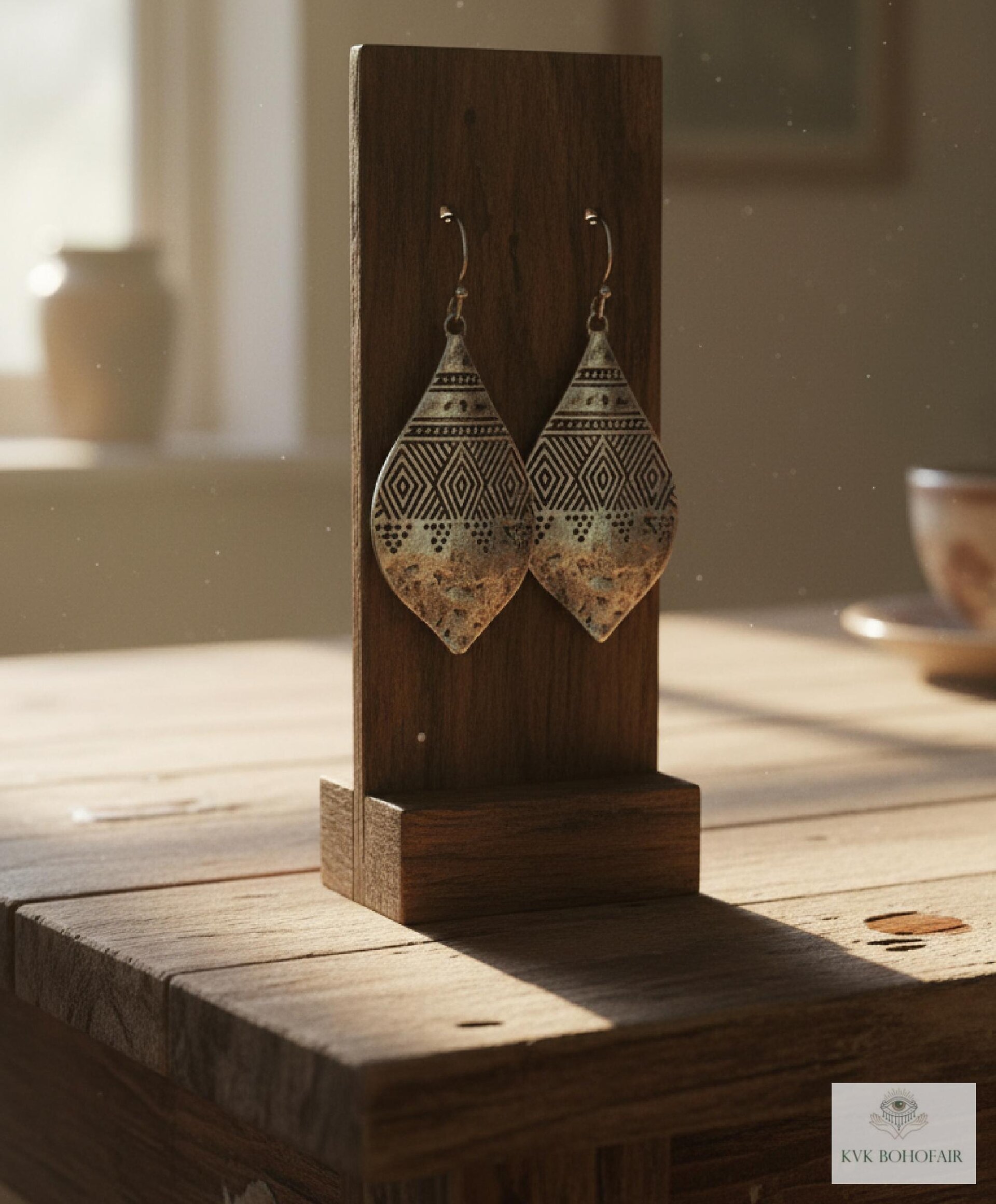 Silver Hammered Tribal Earrings - Geometric Ethnic Drop Earrings