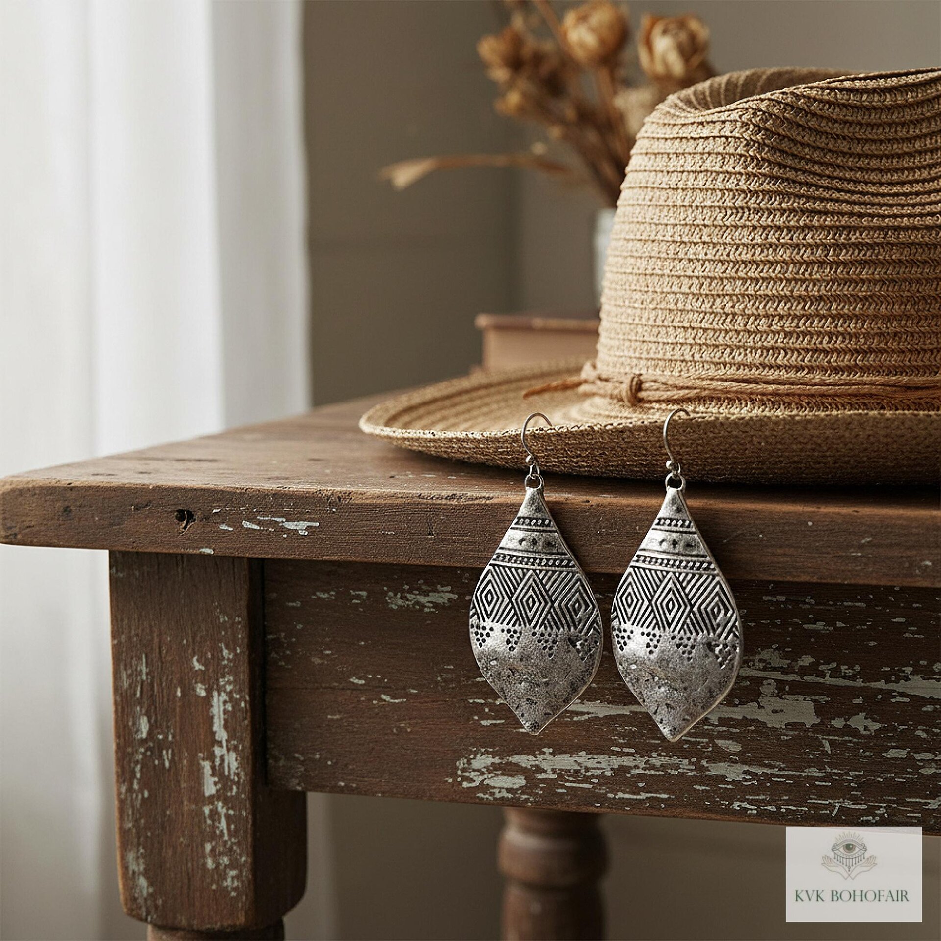 Silver Hammered Tribal Earrings - Geometric Ethnic Drop Earrings