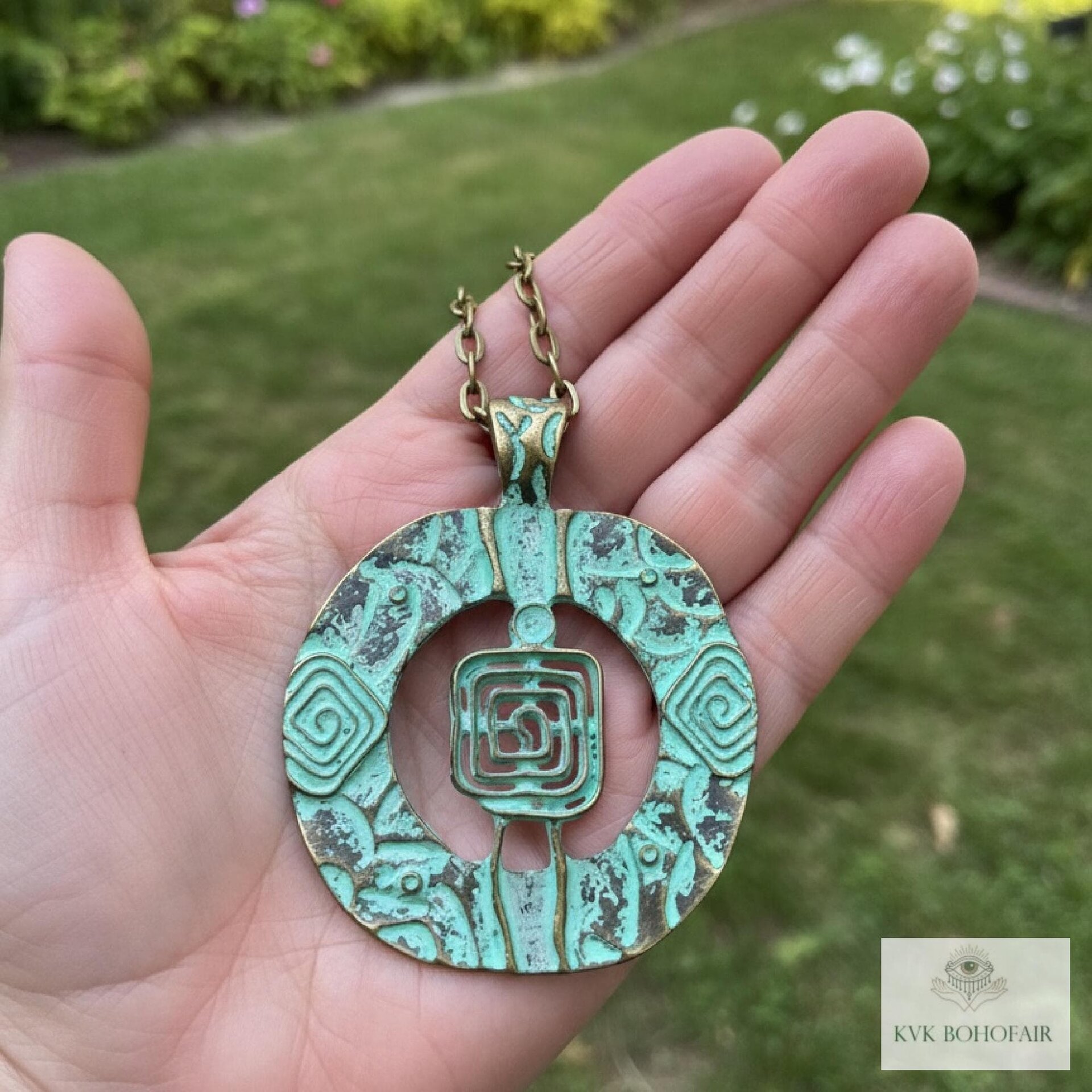Brass Patina Circle Necklace, Boho Verdigris Pendant, Tribal Green Bronze Statement