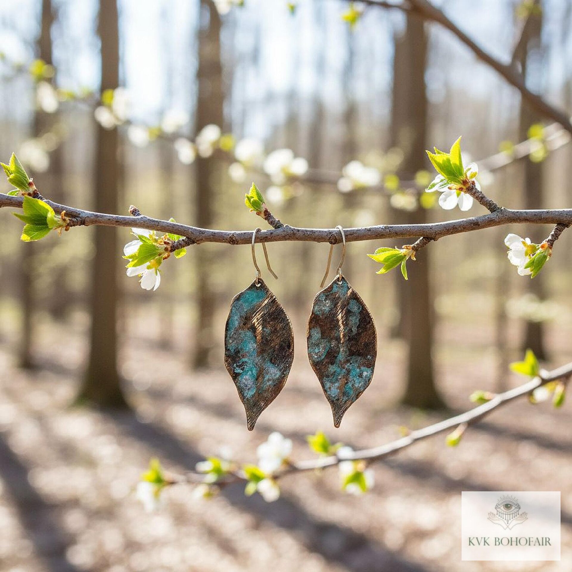 Patina Brass Leaf Earrings - Rustic Boho Jewelry