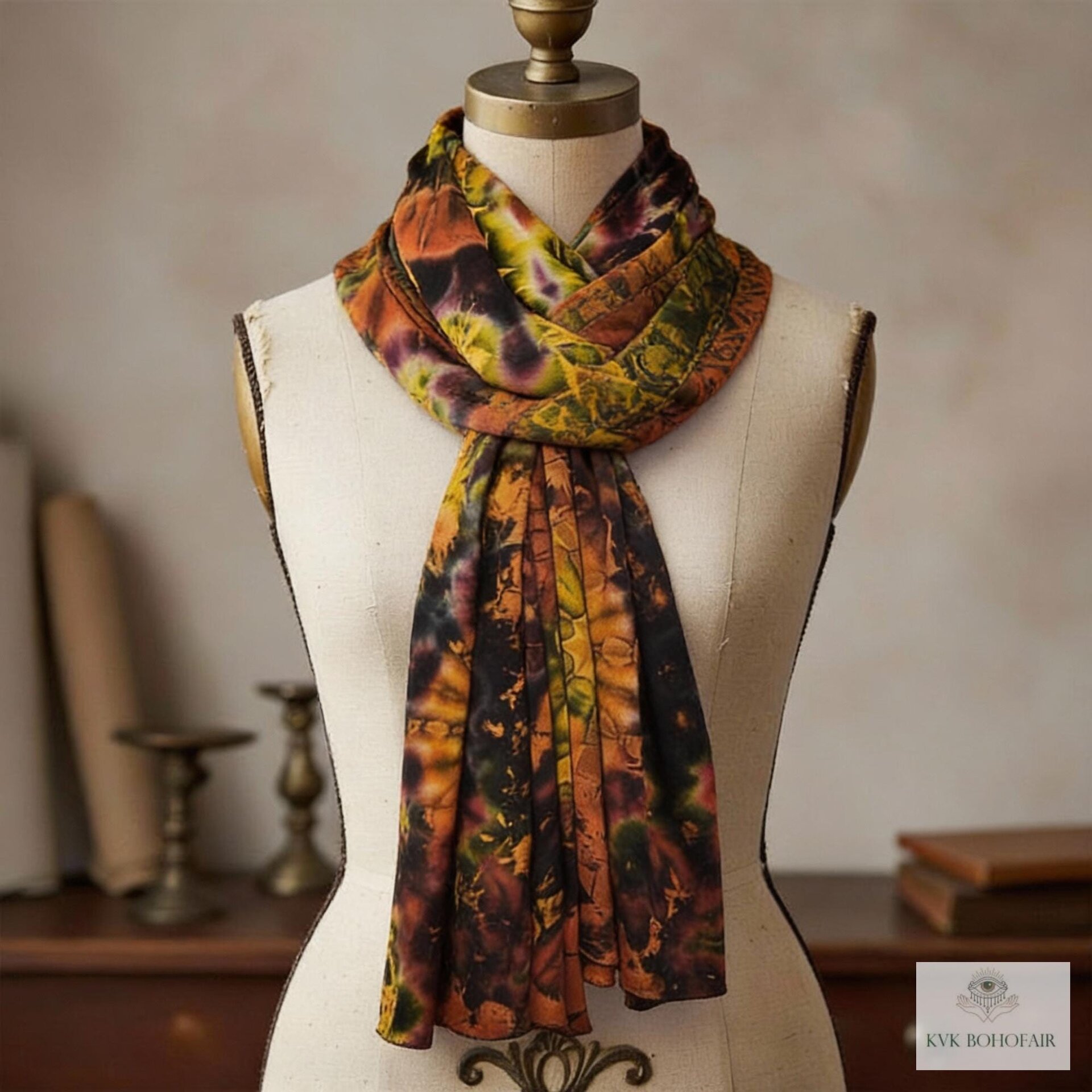 A colorful scarf with a tie-dye pattern in shades of orange, yellow, purple, and black is draped on a mannequin. The scarf is made of a soft, flowing fabric and has a unique, artistic design. The scarf is a fashion accessory.