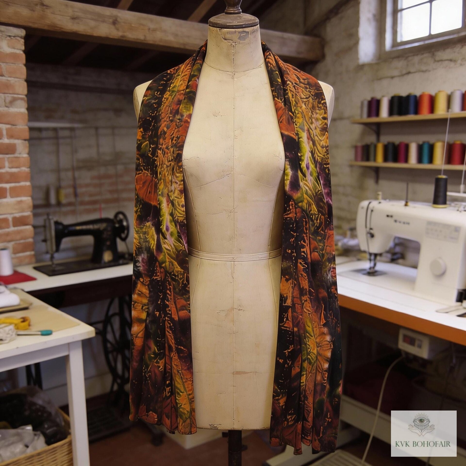 A colorful tie dye scarf with in shades of  brown, orange, and green is draped on a mannequin. The scarf is the focal point, showcasing a unique design. The background includes sewing equipment.
