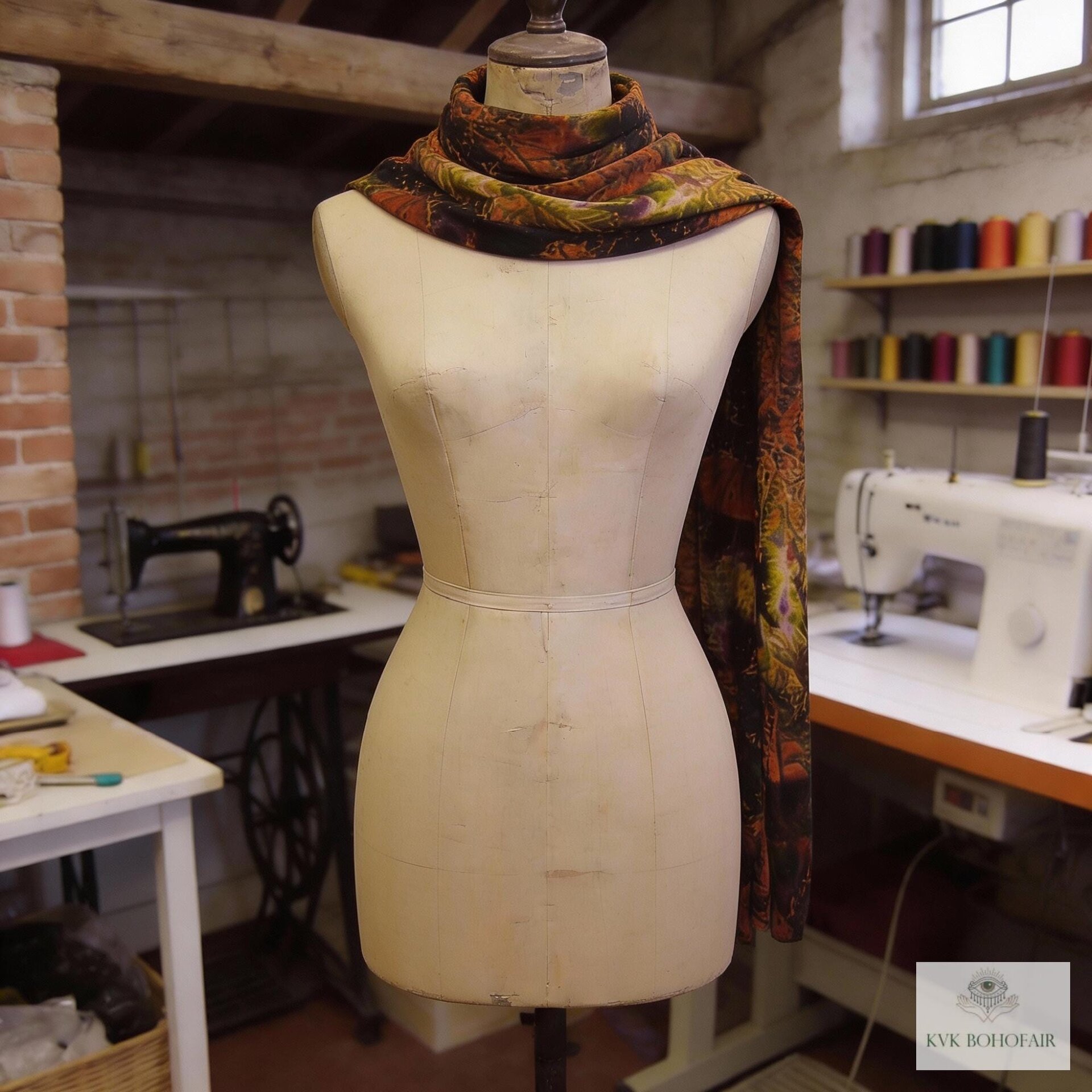 A patterned tie dye scarf in shades of brown, orange, and green is draped over a dress form. The scarf's design features a mix of floral and abstract elements. The dress form is in a workshop setting, with sewing machines and spools of thread visible in the background.