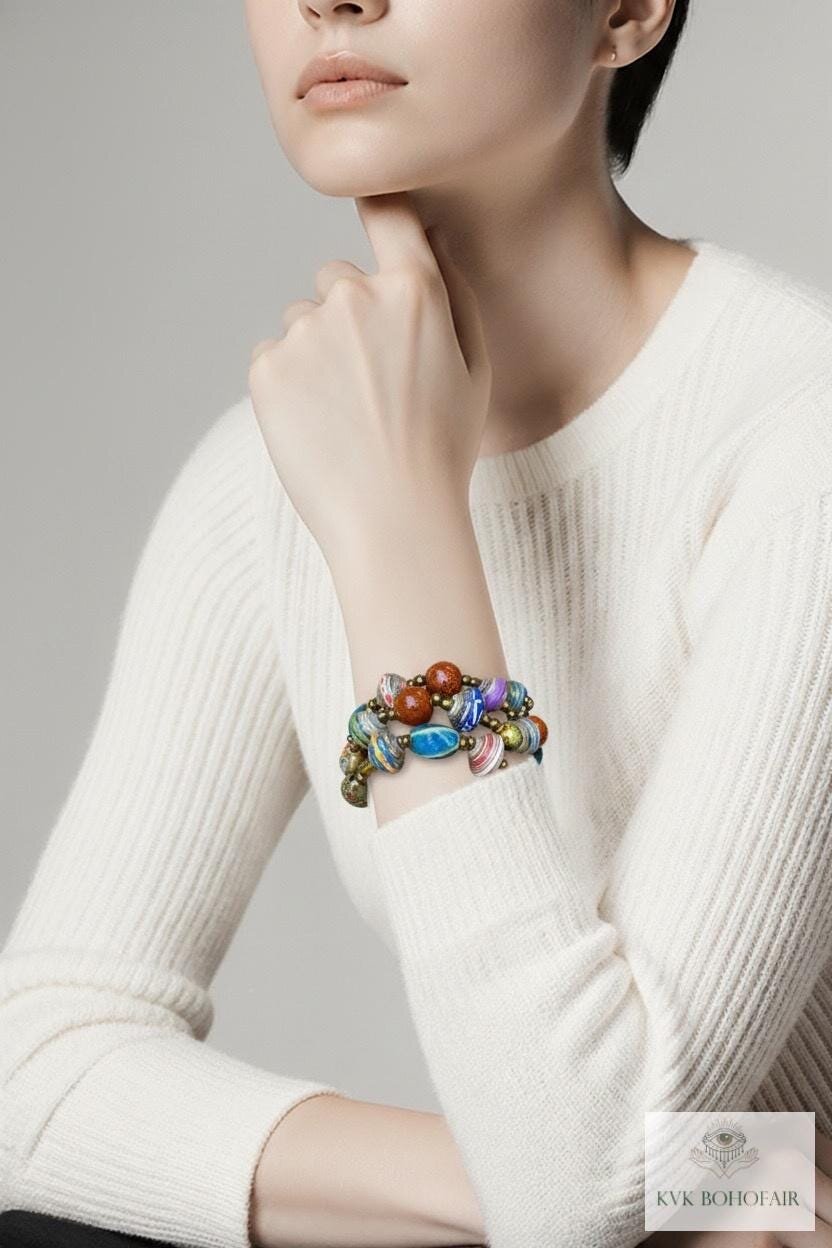 Handmade Colorful Paper Bead Bracelet - Unique Boho Style Jewelry for Women