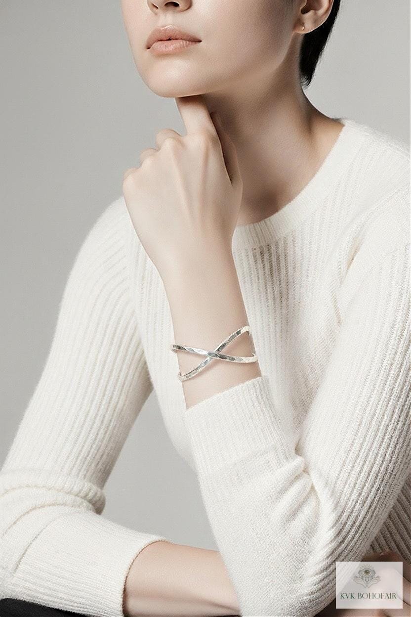 Hammered Silver Criss Cross Cuff Bracelet: Boho X Design