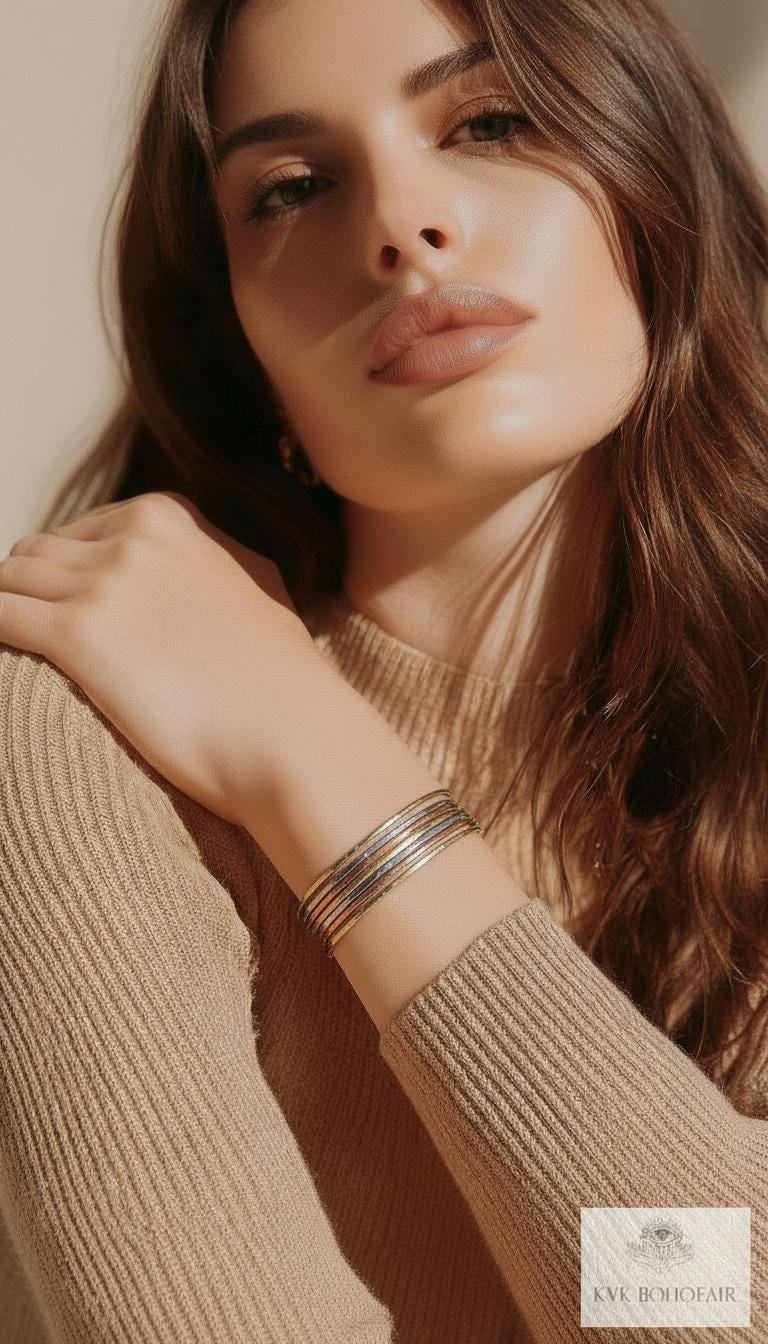 Thin Hammered Mixed Metal Cuff Bracelet - Handcrafted Stacking Bangle