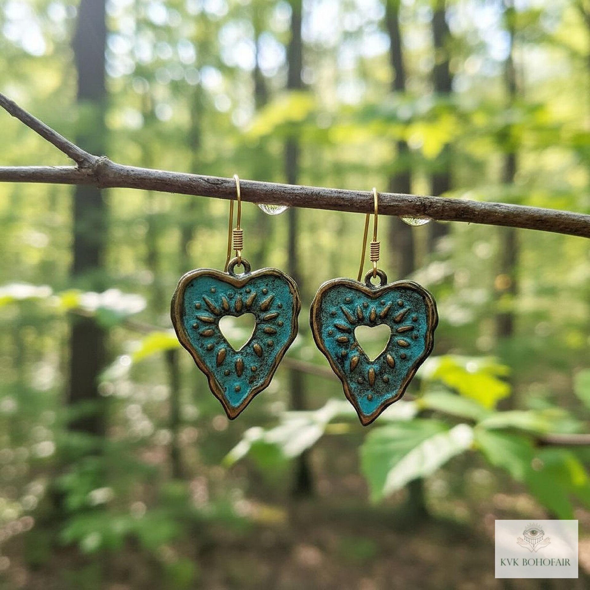 Rustic Patina Brass Heart Sunburst Earrings: Boho Jewelry