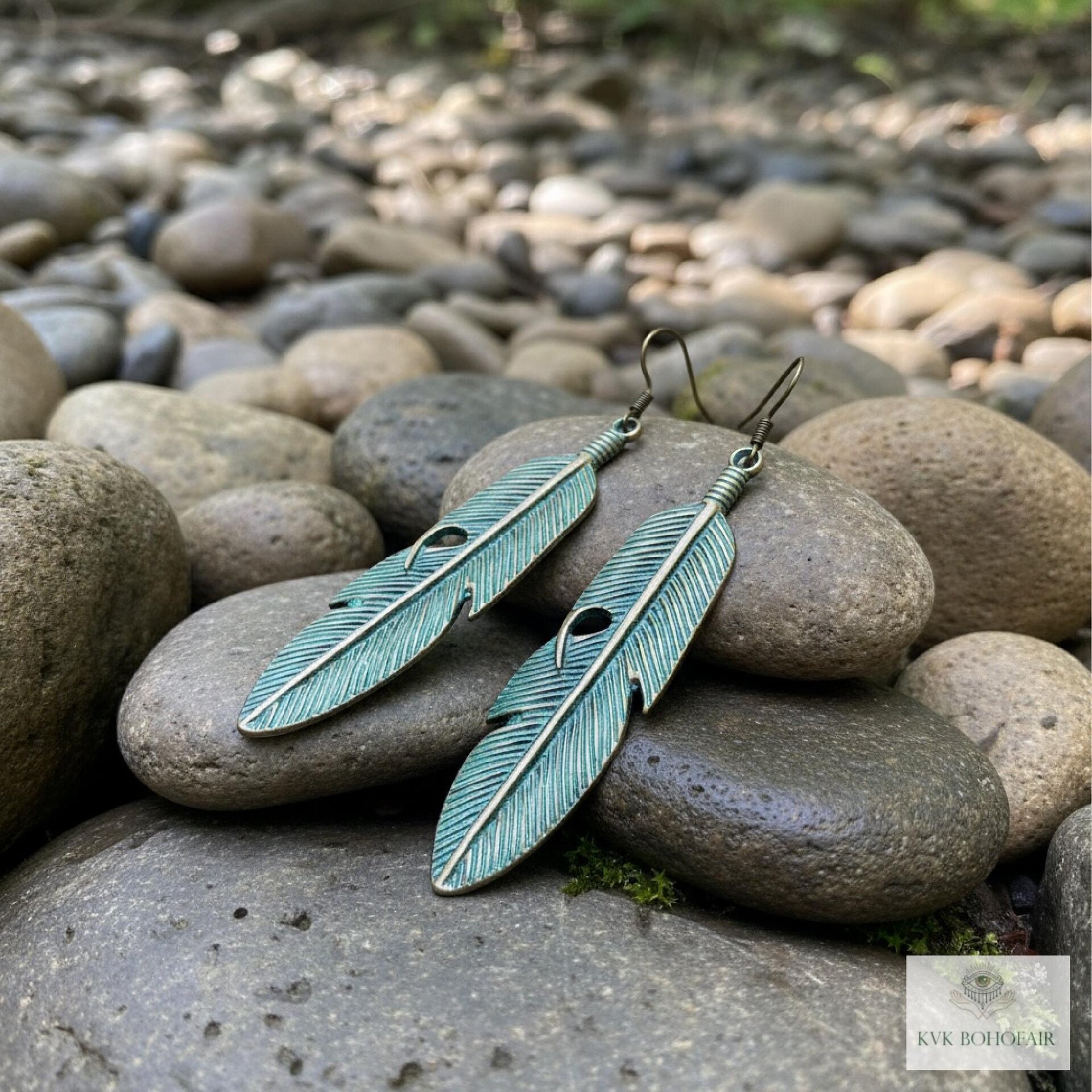 Patina Feather Earrings - Boho Statement Jewelry