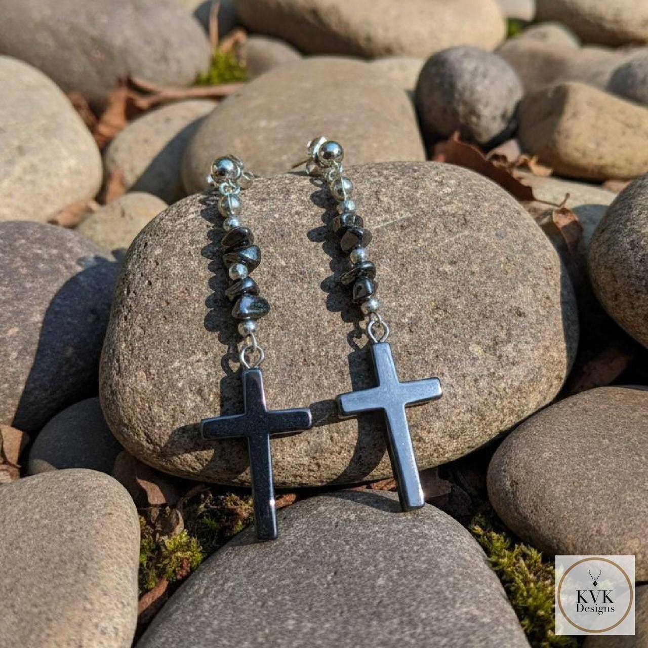 Hematite Traditional Cross Earrings