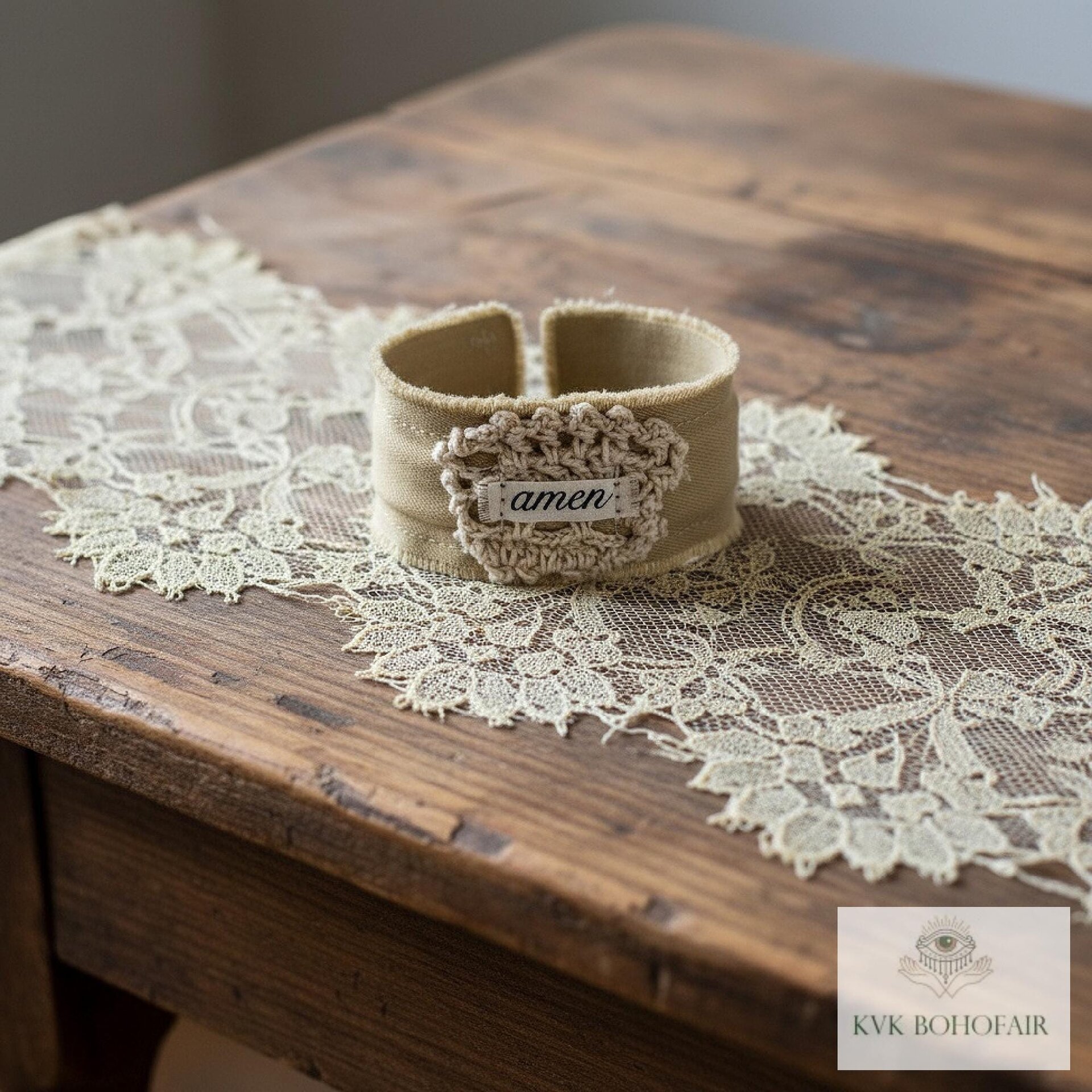 Amen Boho Cuff Bracelet – Cotton Fabric, Vintage Crochet, Button Closure