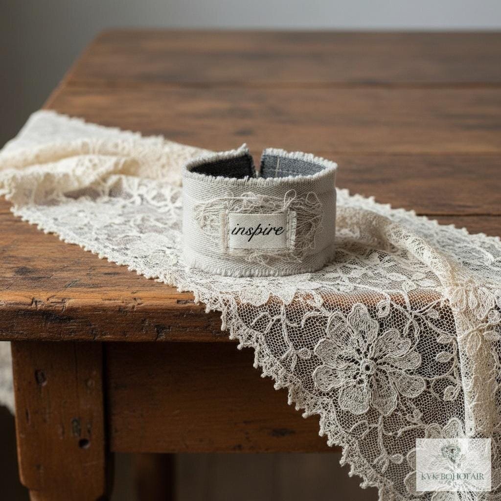 Inspire Boho Cuff Bracelet – Sandstone Cotton Fabric, Vintage Button Closure