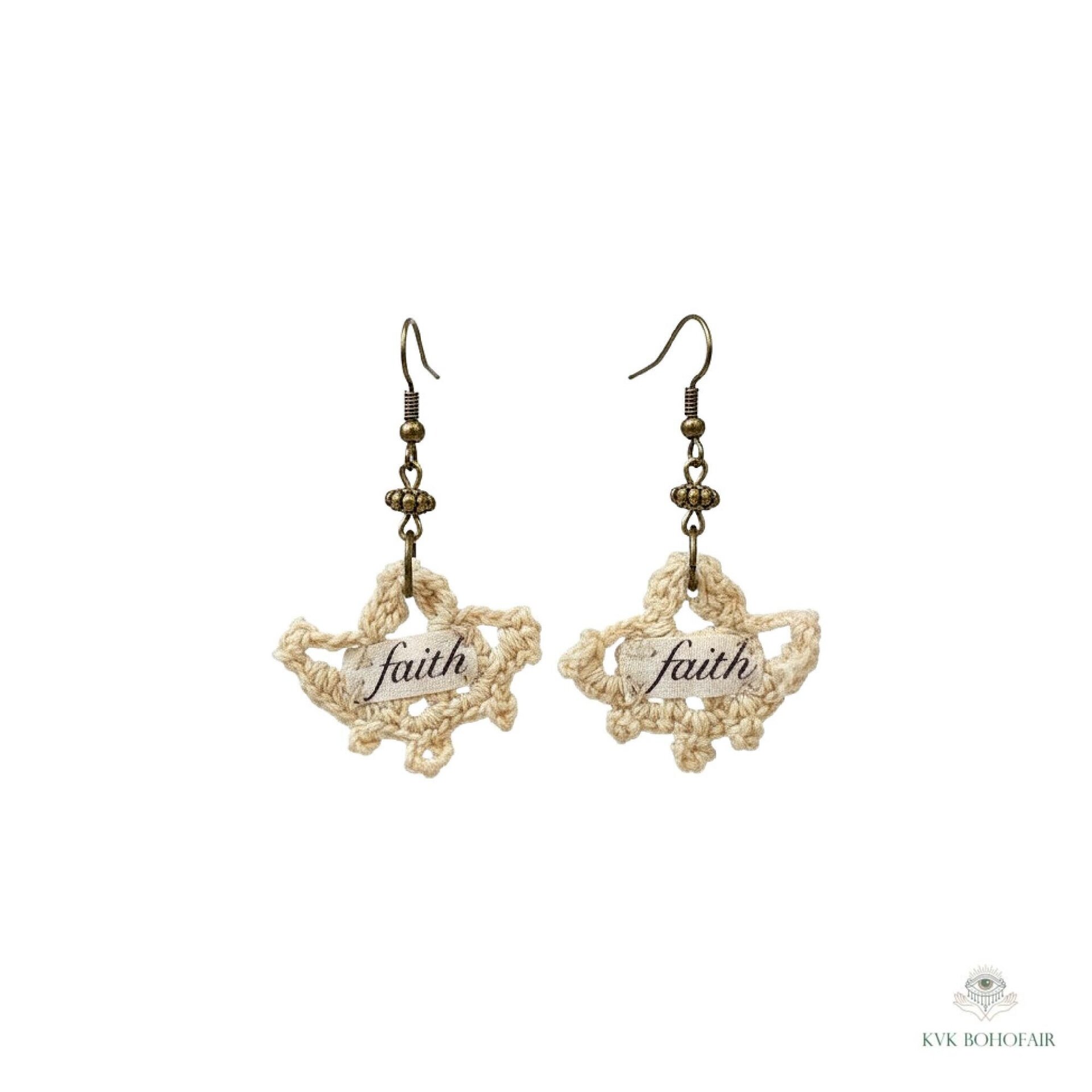 Crochet Dangle Earrings – Vintage Fabric, Inspirational "Faith" Boho Jewelry