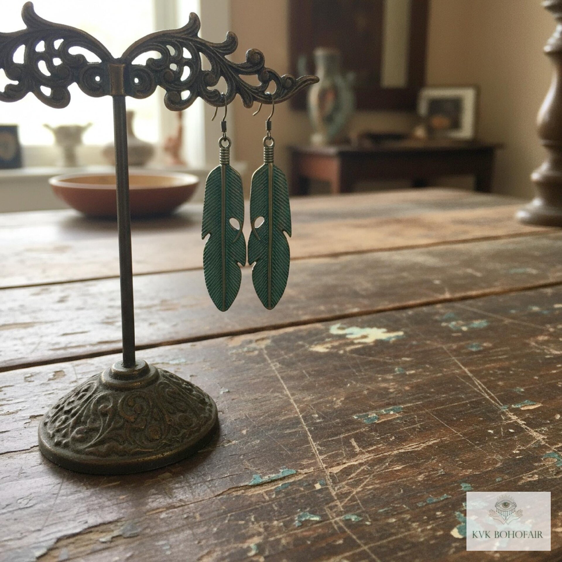 Patina Feather Earrings - Boho Statement Jewelry