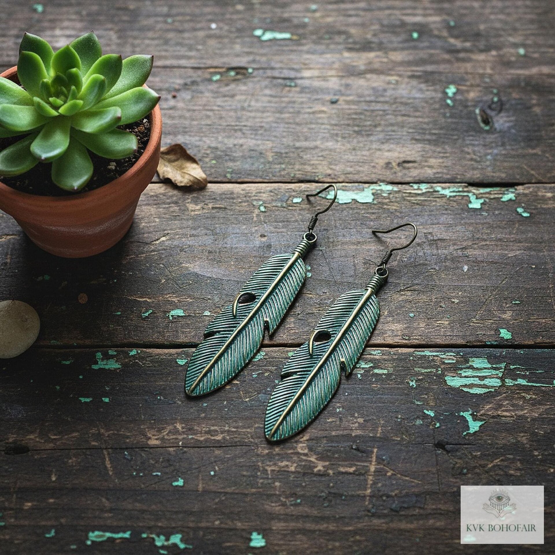 Patina Feather Earrings - Boho Statement Jewelry