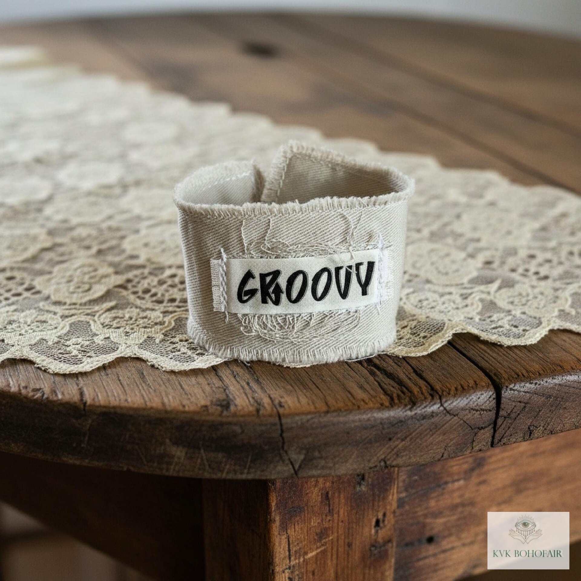 GROOVY Beige Fabric Cuff Bracelet - Vintage Button Textile Wristband