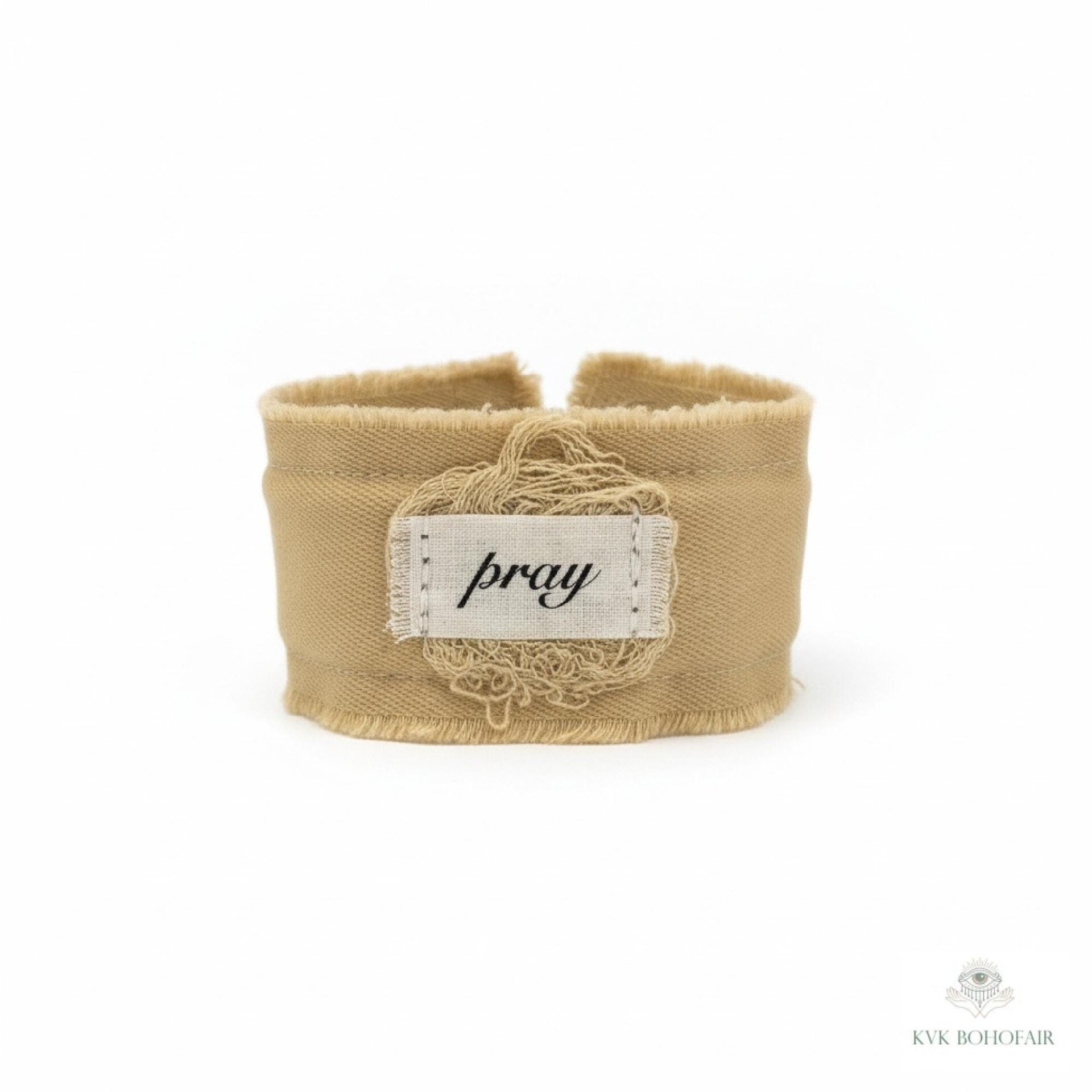 PRAY Boho Cuff Bracelet – Cotton Fabric, Vintage Crochet, Button Closure