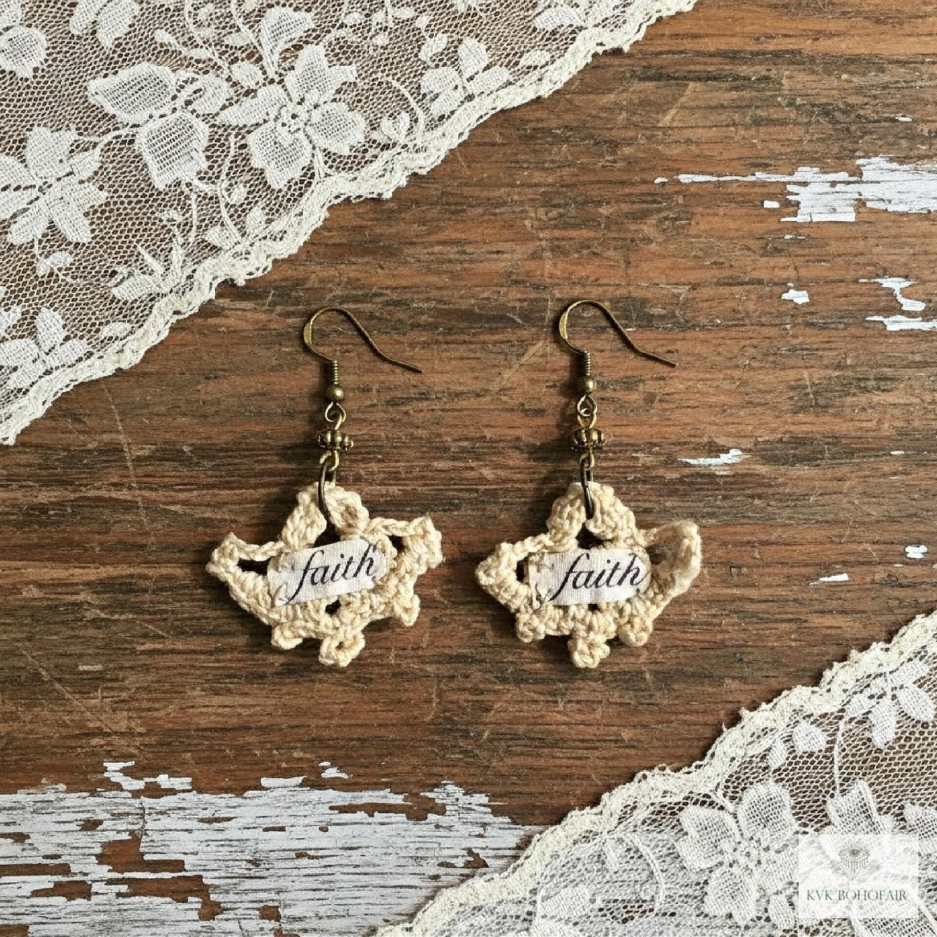 Crochet Dangle Earrings – Vintage Fabric, Inspirational "Faith" Boho Jewelry