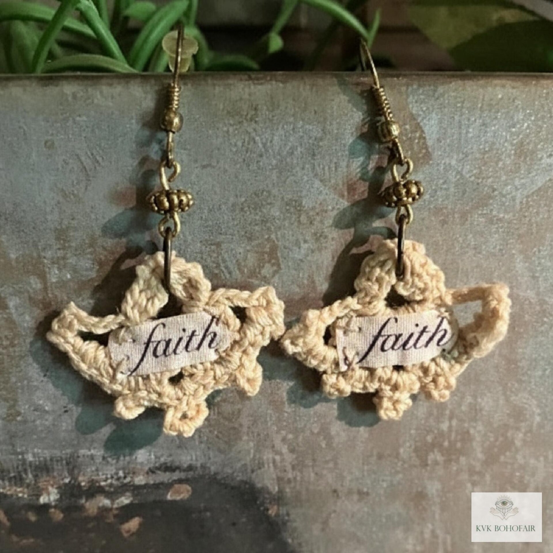 Crochet Dangle Earrings – Vintage Fabric, Inspirational "Faith" Boho Jewelry