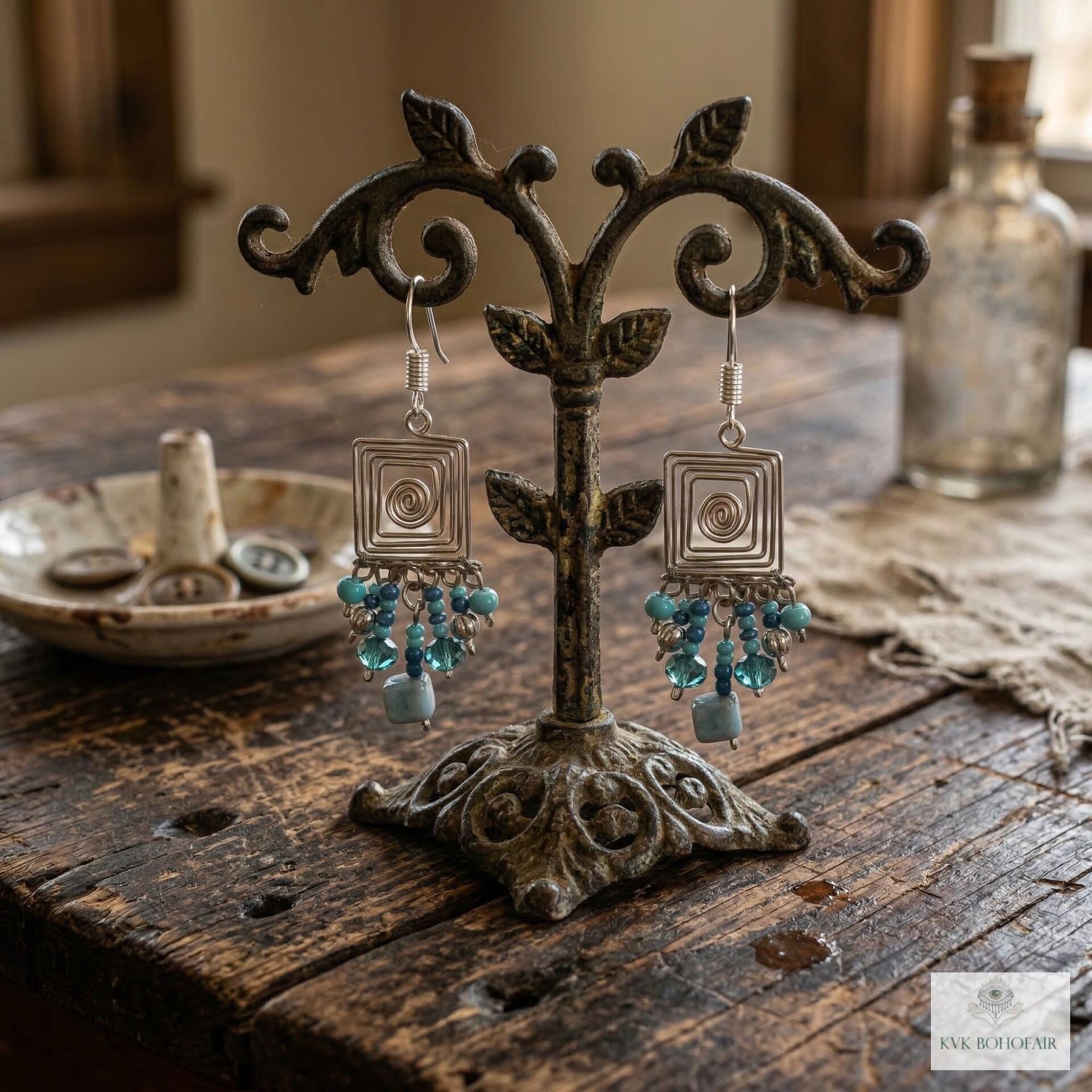 Handcrafted Square Wire and Bead Dangle Earrings - Chic Bohemian Jewelry