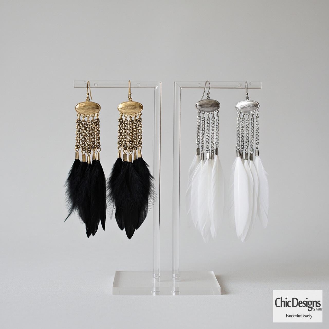 Brass and Feather Chandelier Earrings