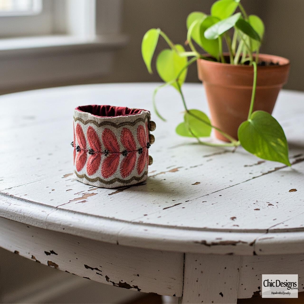 Ravishing Red/Pink Embroidered Leaf Cuff & Flower