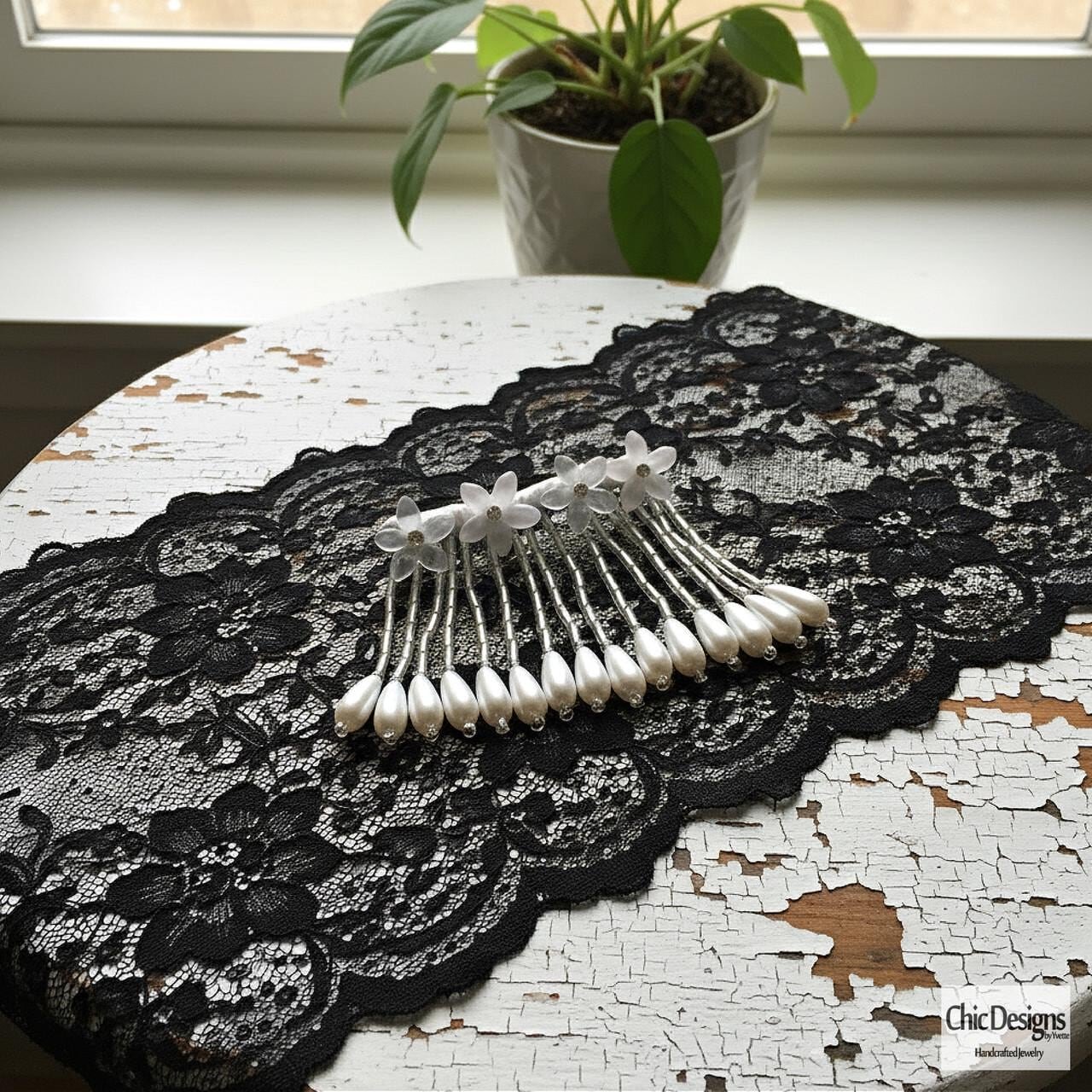 Rhinestone and Resin Flowered Fringe with Pearl Accented Hairpin