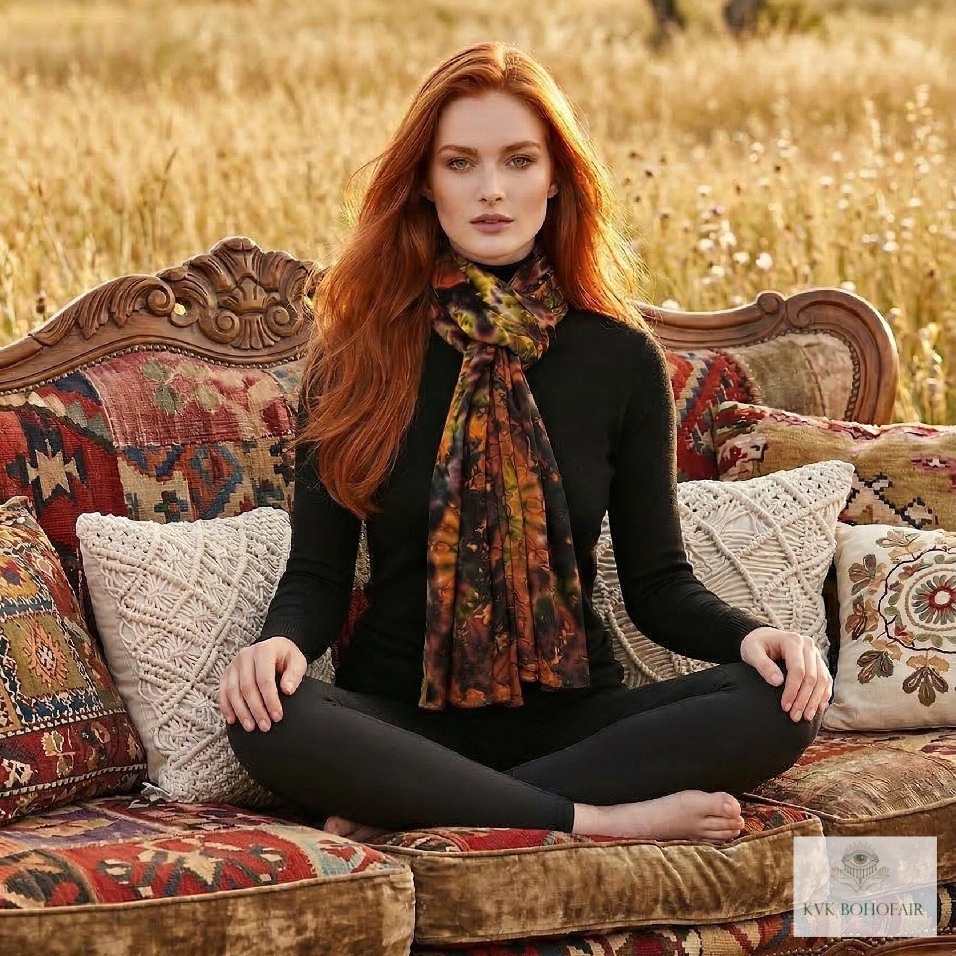 A woman with long red hair sits cross-legged on a vintage patterned sofa outdoors, wearing a black outfit and a multicolored scarf. The setting is a field with tall grass, creating a bohemian, autumn atmosphere.