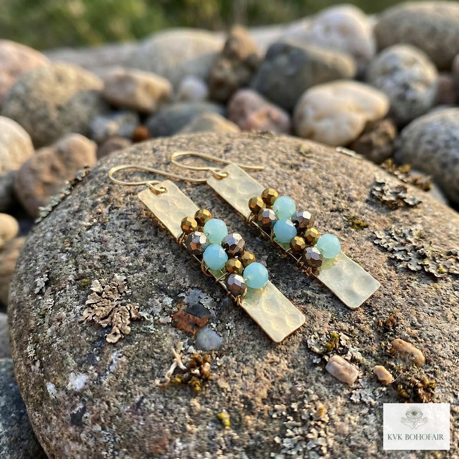 Boho Gold Bar Earrings with Beaded Accents & Wire Wrapping - Handcrafted Mixed Media Jewelry