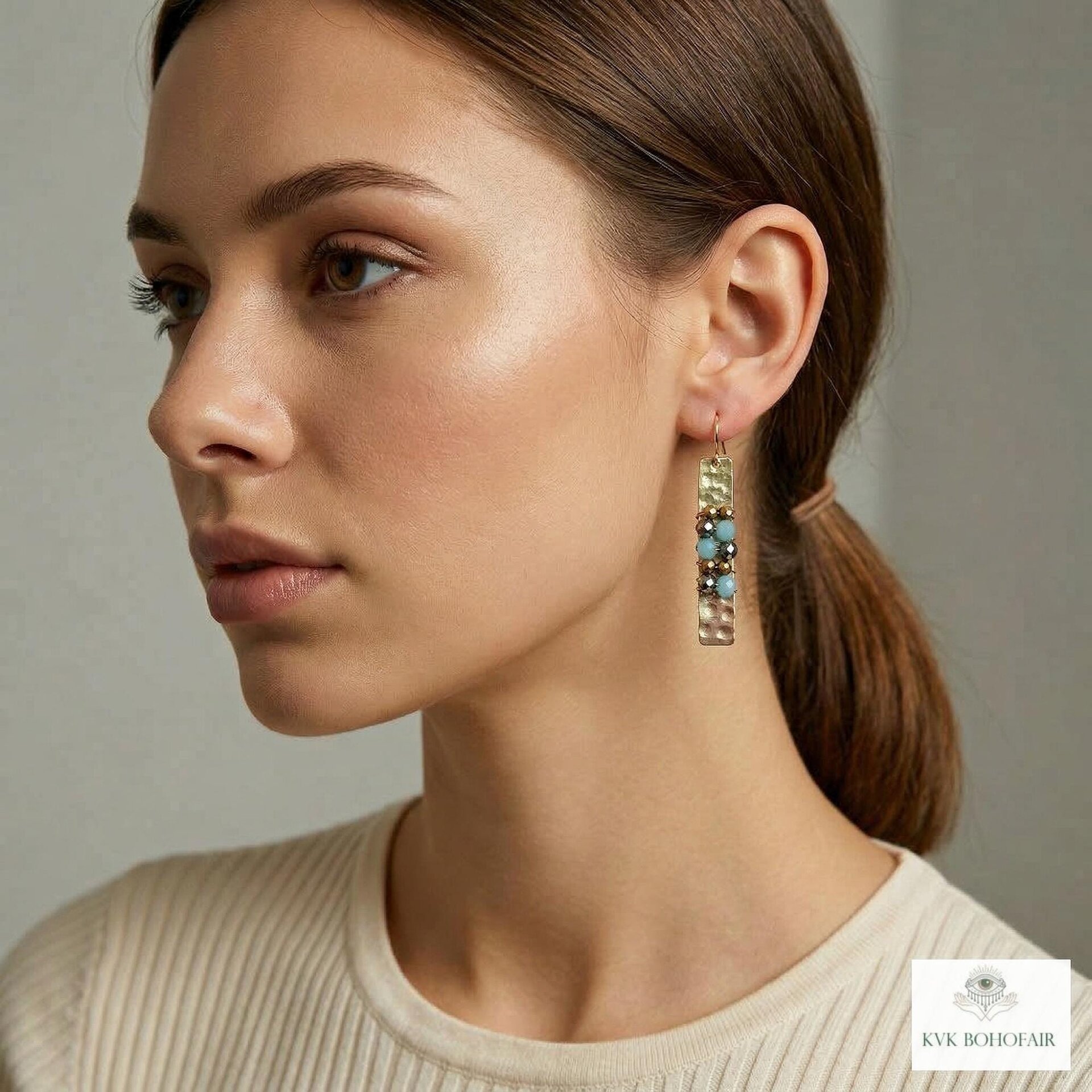 Boho Gold Bar Earrings with Beaded Accents & Wire Wrapping - Handcrafted Mixed Media Jewelry