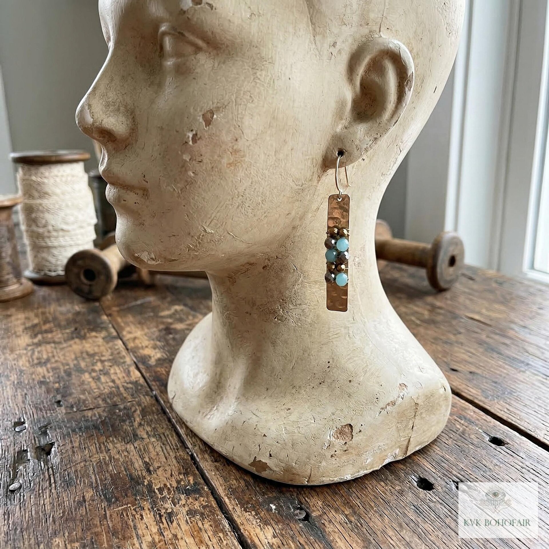 Boho Gold Bar Earrings with Beaded Accents & Wire Wrapping - Handcrafted Mixed Media Jewelry