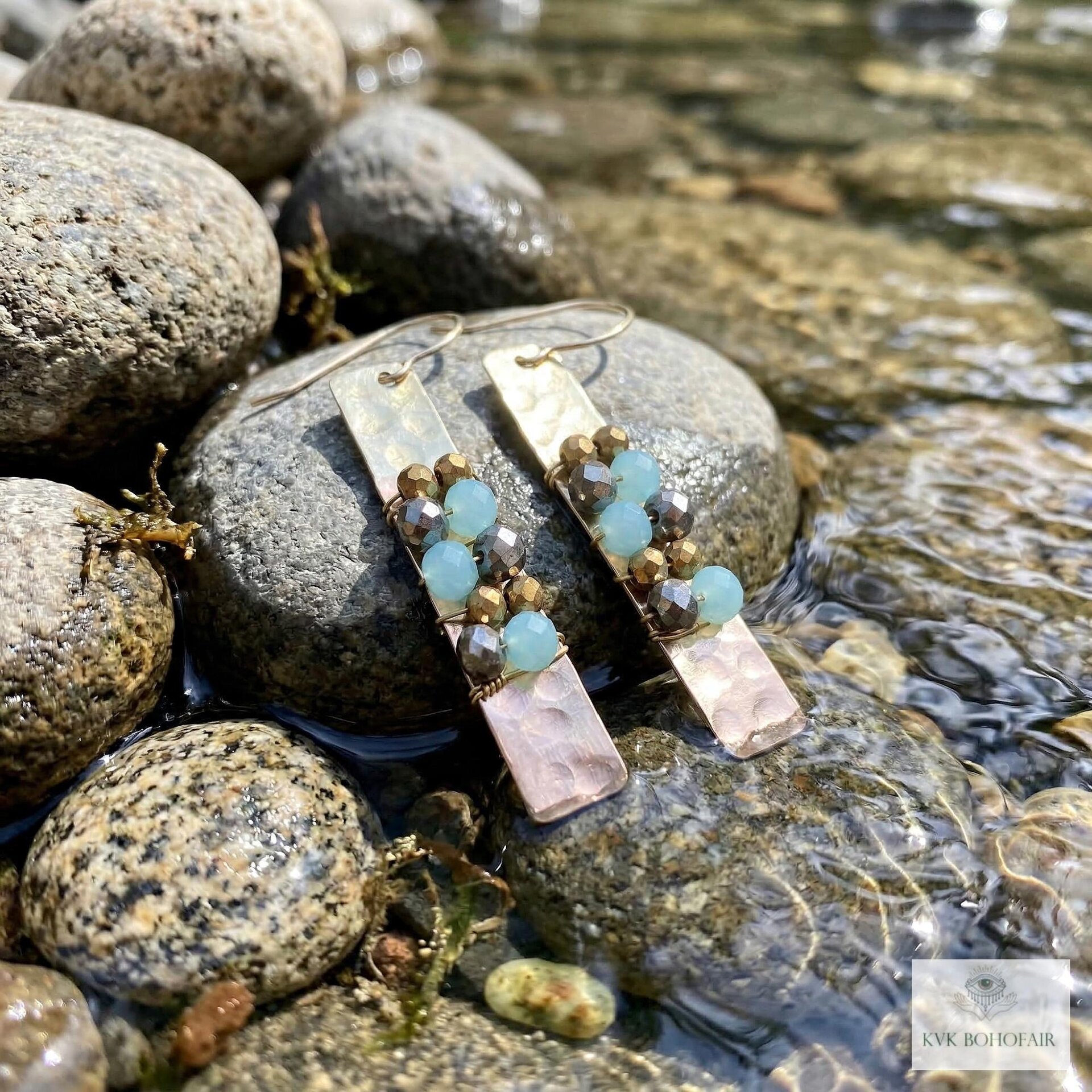 Boho Gold Bar Earrings with Beaded Accents & Wire Wrapping - Handcrafted Mixed Media Jewelry