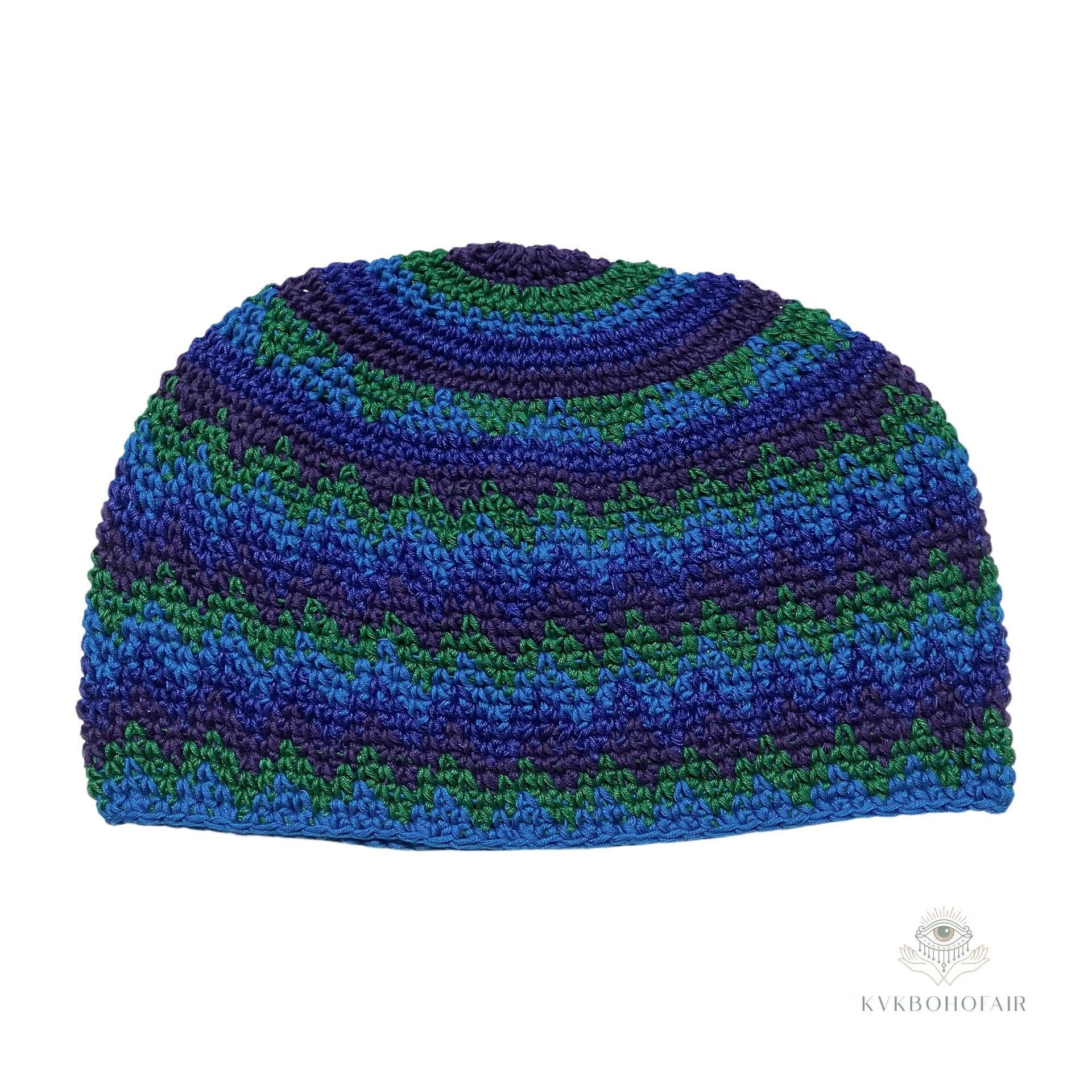 Blue Zig Zag Kufi Skull Cap, Crocheted Beanie Hat, Ethically sourced