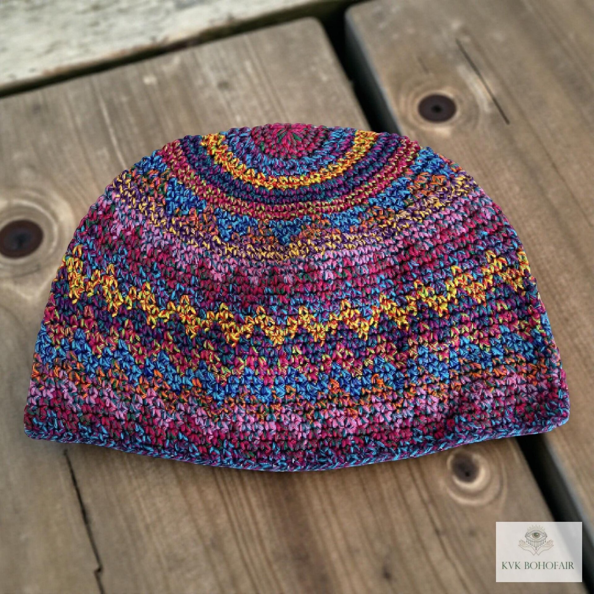 Multi Color Zig Zag Kufi Skull Cap, Crocheted Beanie Hat, Ethically sourced