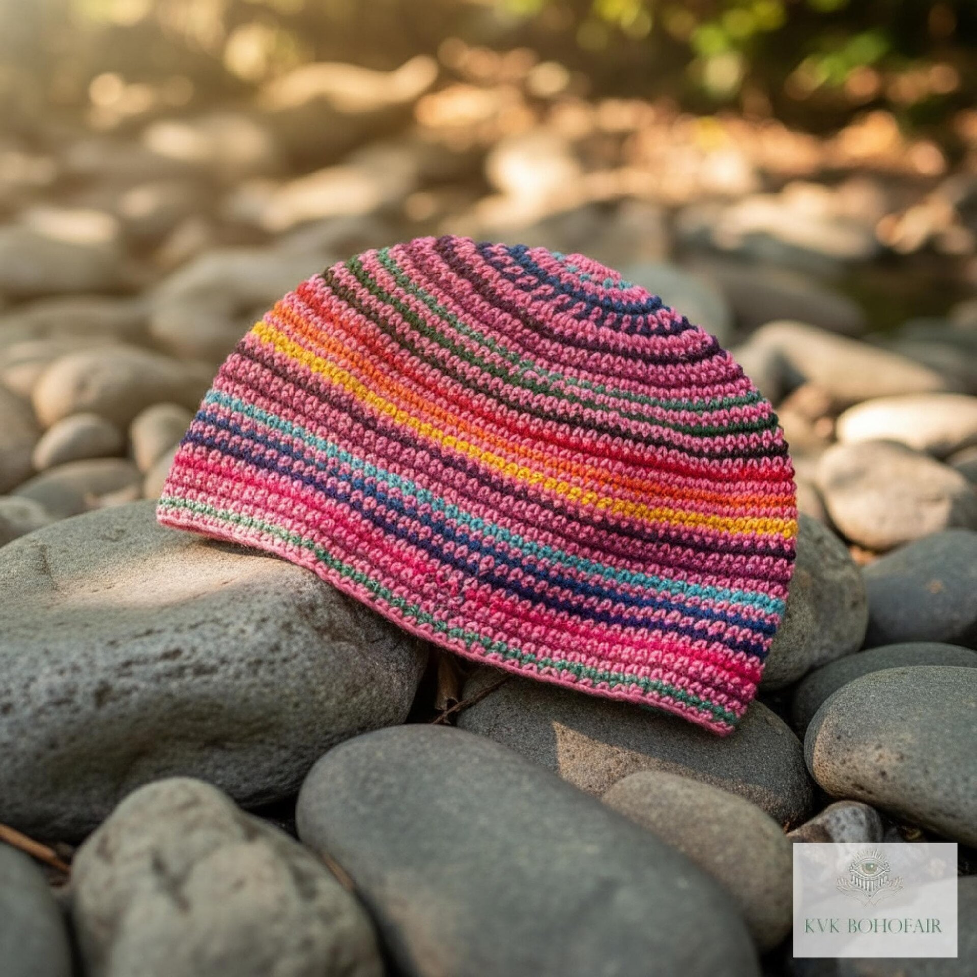 Pink Stripe Kufi Skull Cap, Crocheted Beanie Hat, Ethically sourced
