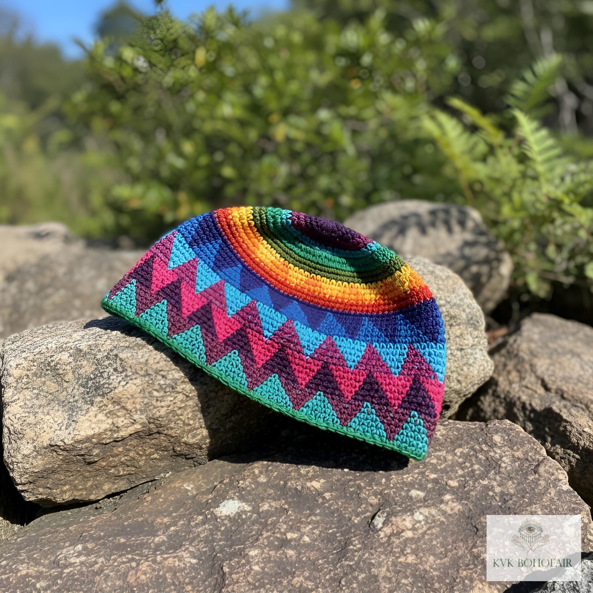 Rainbow Kufi Skull Cap, Crocheted Beanie Hat, Ethically sourced