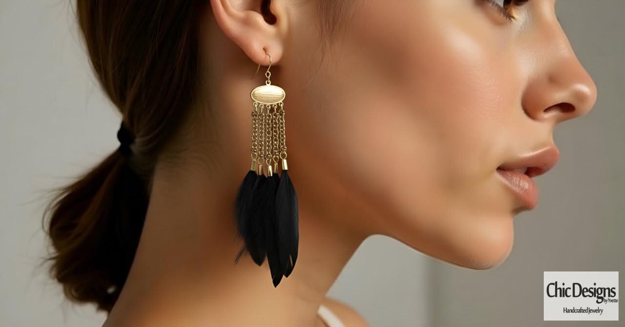 Brass and Feather Chandelier Earrings