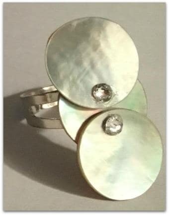 Blue/Gray Mother of Pearl Three Circular Ring Accented with Swarovski Rhinestones