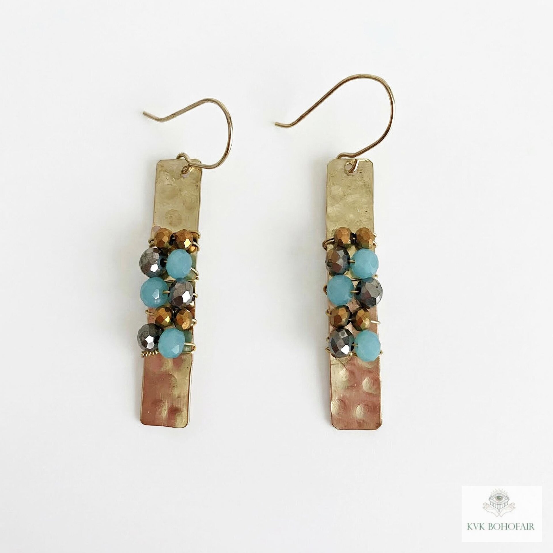 Boho Gold Bar Earrings with Beaded Accents & Wire Wrapping - Handcrafted Mixed Media Jewelry