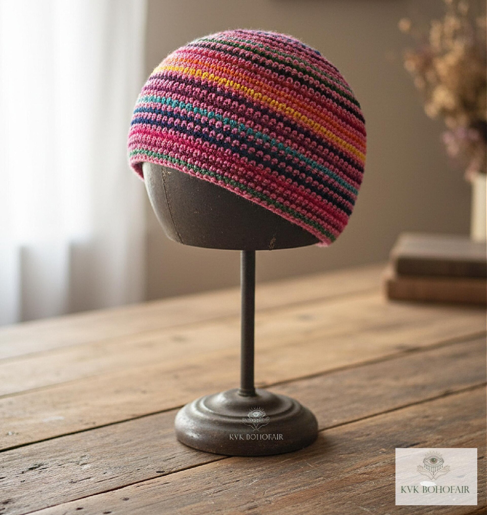 Pink Stripe Kufi Skull Cap, Crocheted Beanie Hat, Ethically sourced