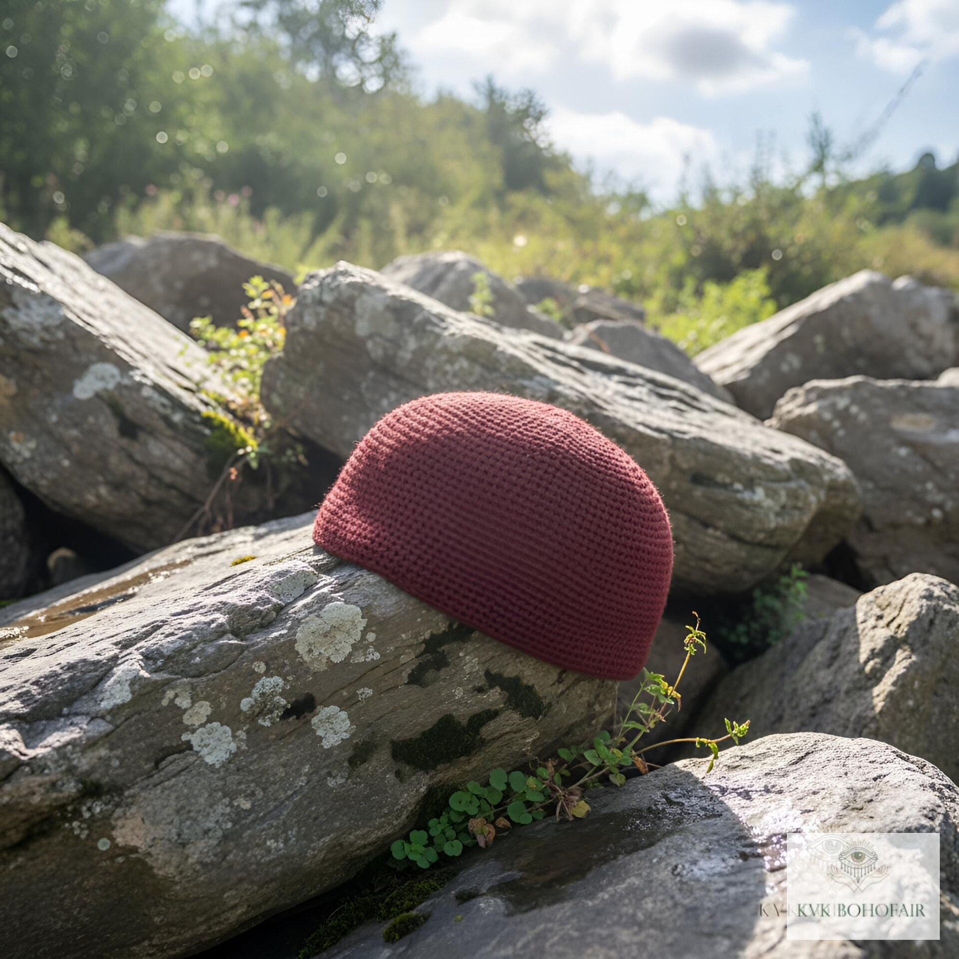 Maroon Kufi Skull Cap, Crocheted Beanie Hat, Ethically sourced