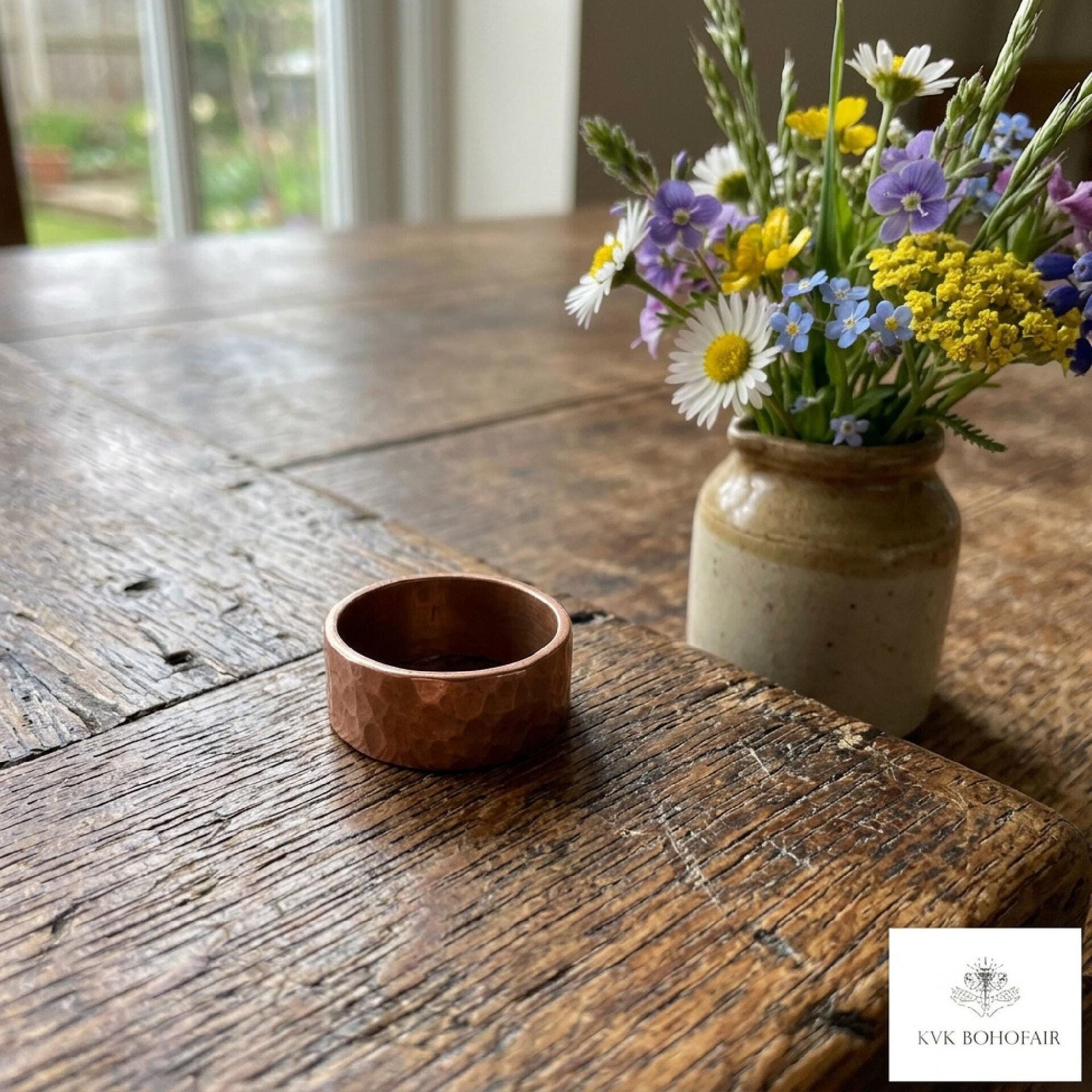 8mm Copper Ring, Rustic Hammered Band, Unique Boho Style Jewelry