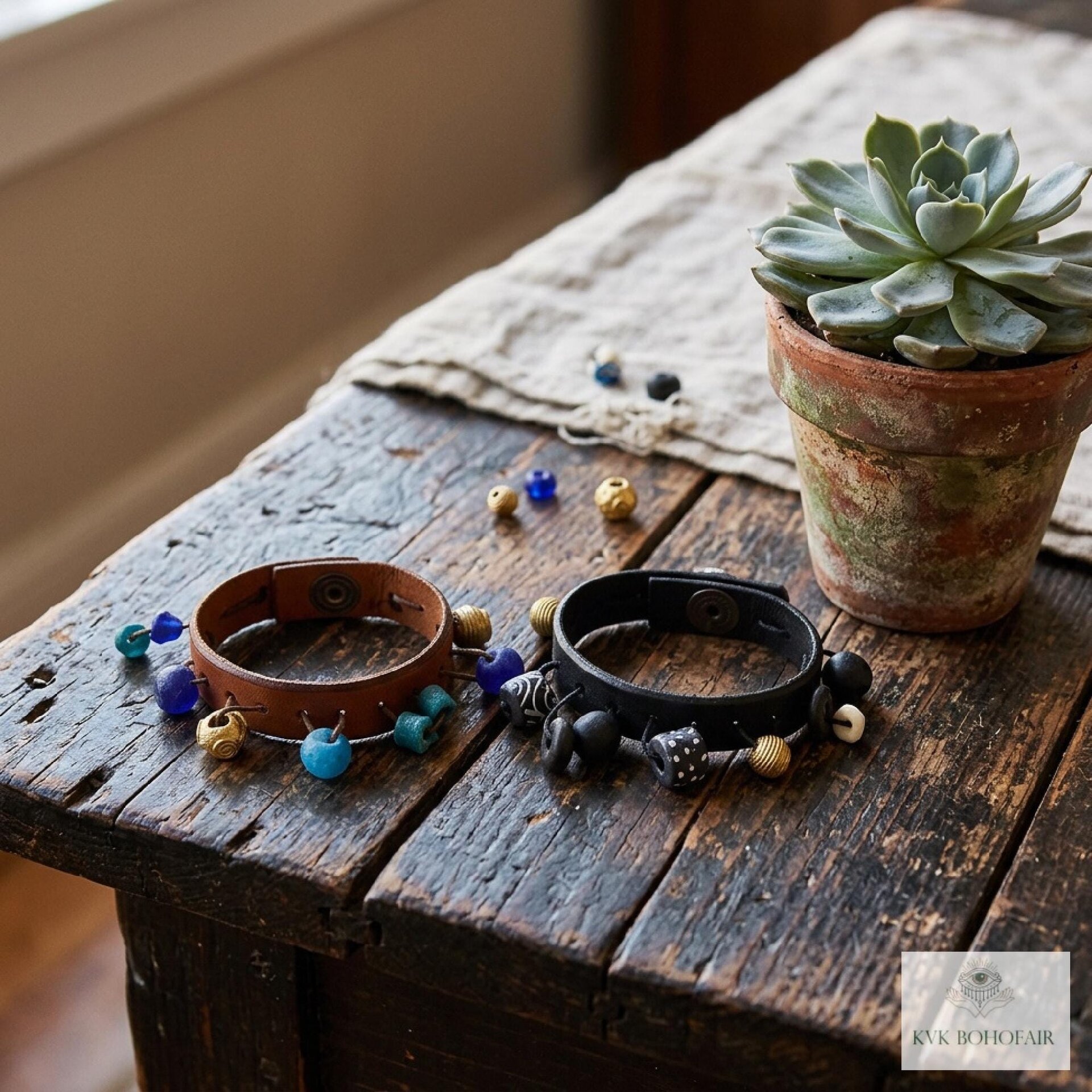 Handcrafted Boho Leather Cuff with Brass and Glass Beads - Hippie Fashion, Bohemian Jewelry