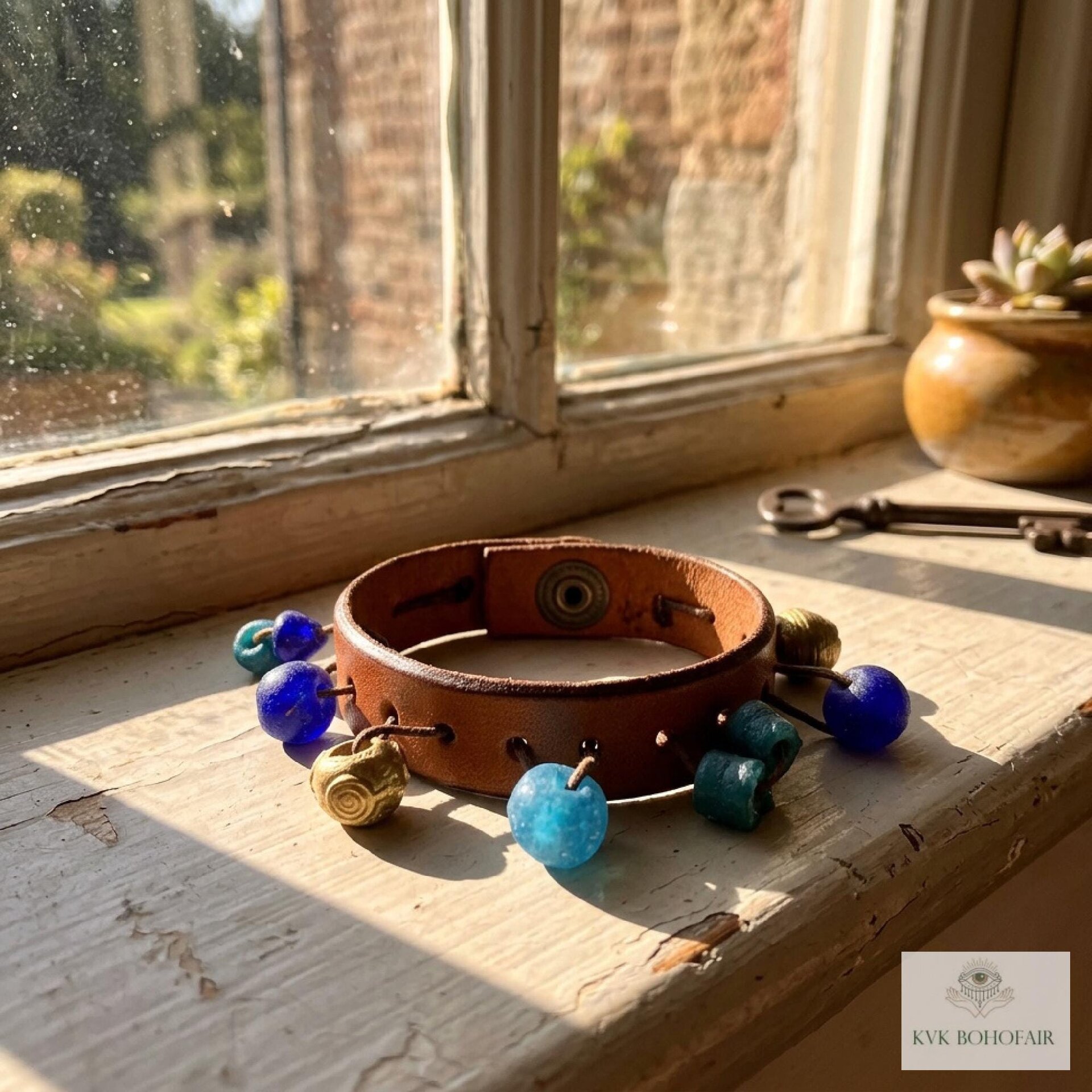 Handcrafted Boho Leather Cuff with Brass and Glass Beads - Hippie Fashion, Bohemian Jewelry