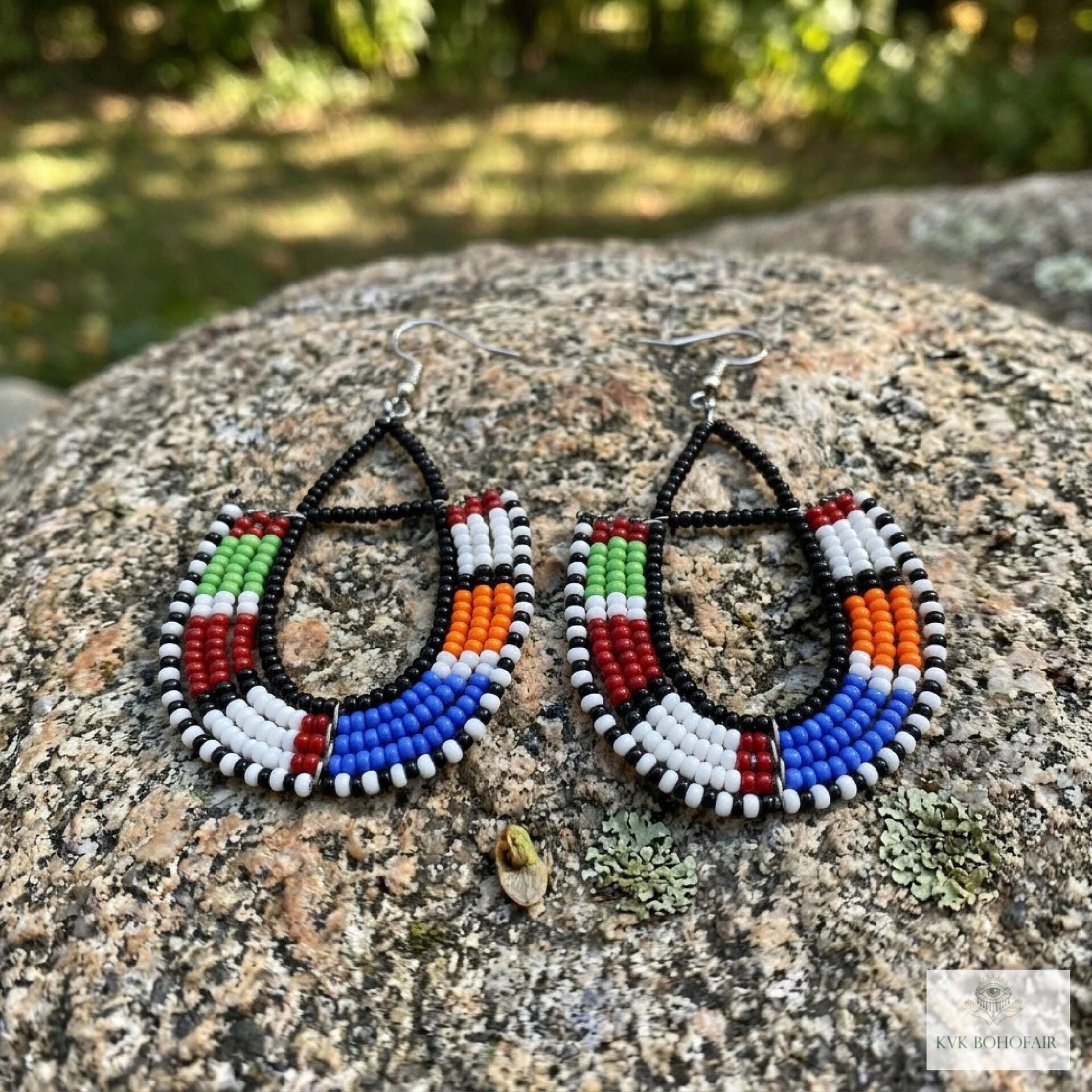 Maasai Beaded Dangle Earrings, Colorful Geometric African Drops, Stainless Steel Hook Jewelry