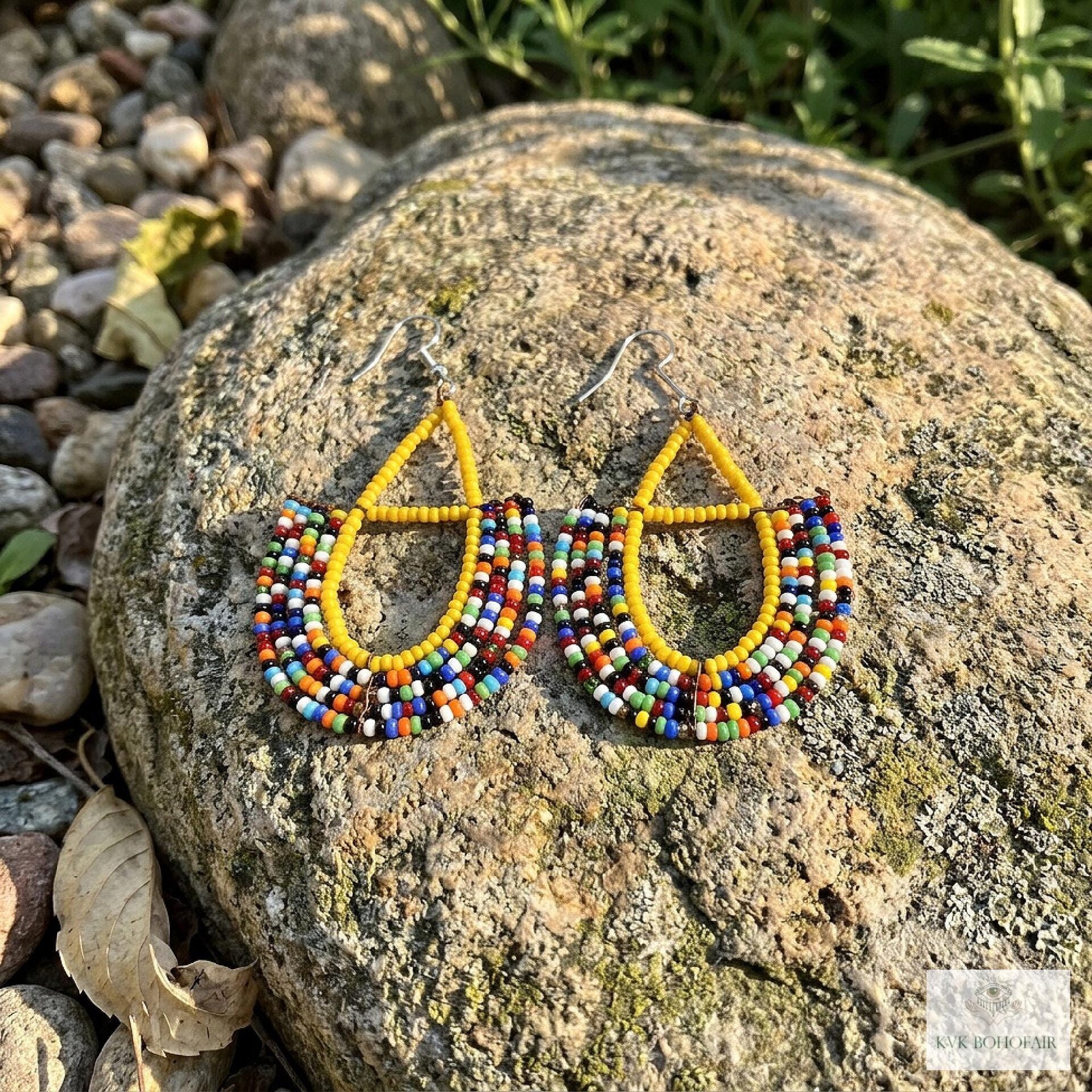 Maasai Beaded Dangle Earrings, Colorful Geometric African Drops, Stainless Steel Hook Jewelry