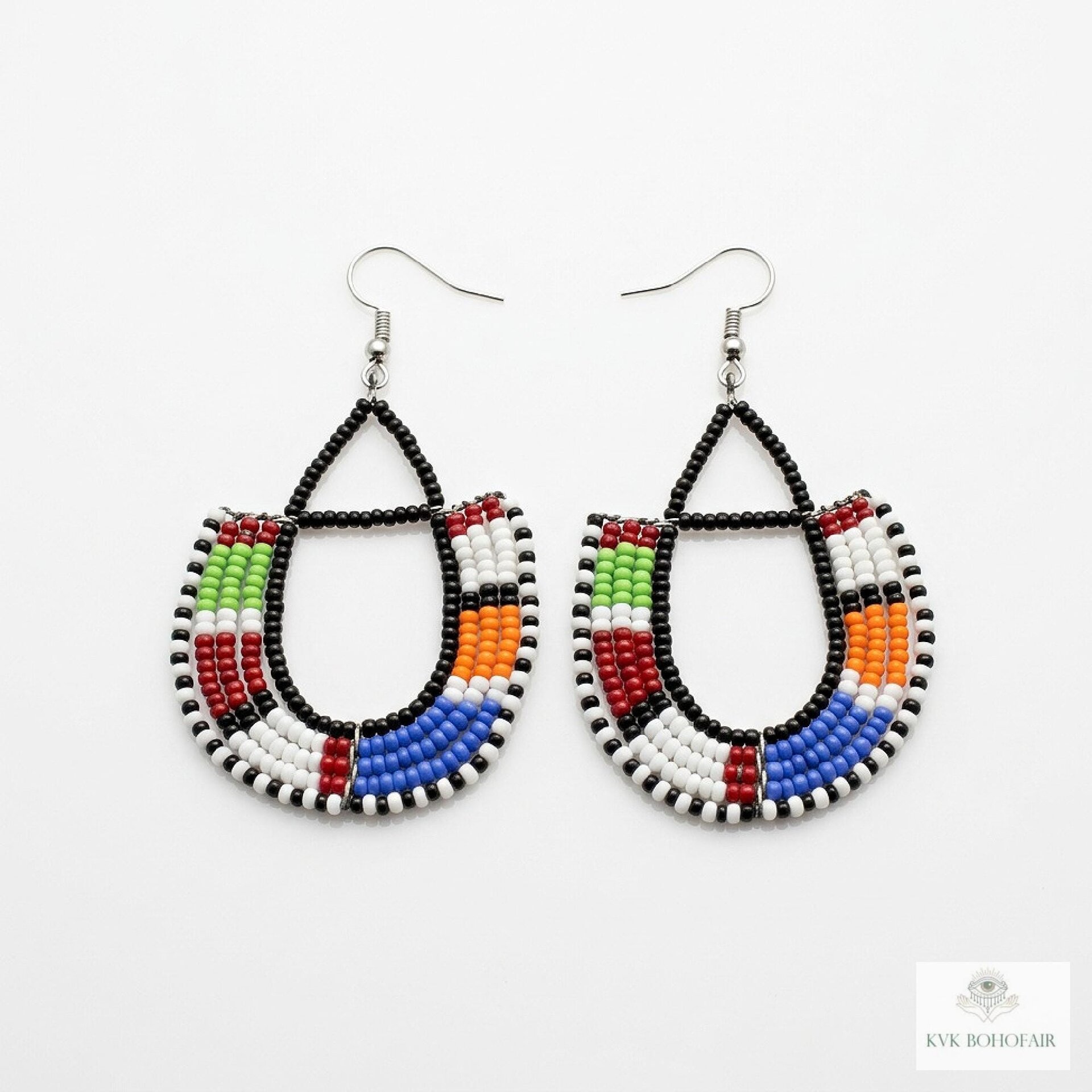 Maasai Beaded Dangle Earrings, Colorful Geometric African Drops, Stainless Steel Hook Jewelry