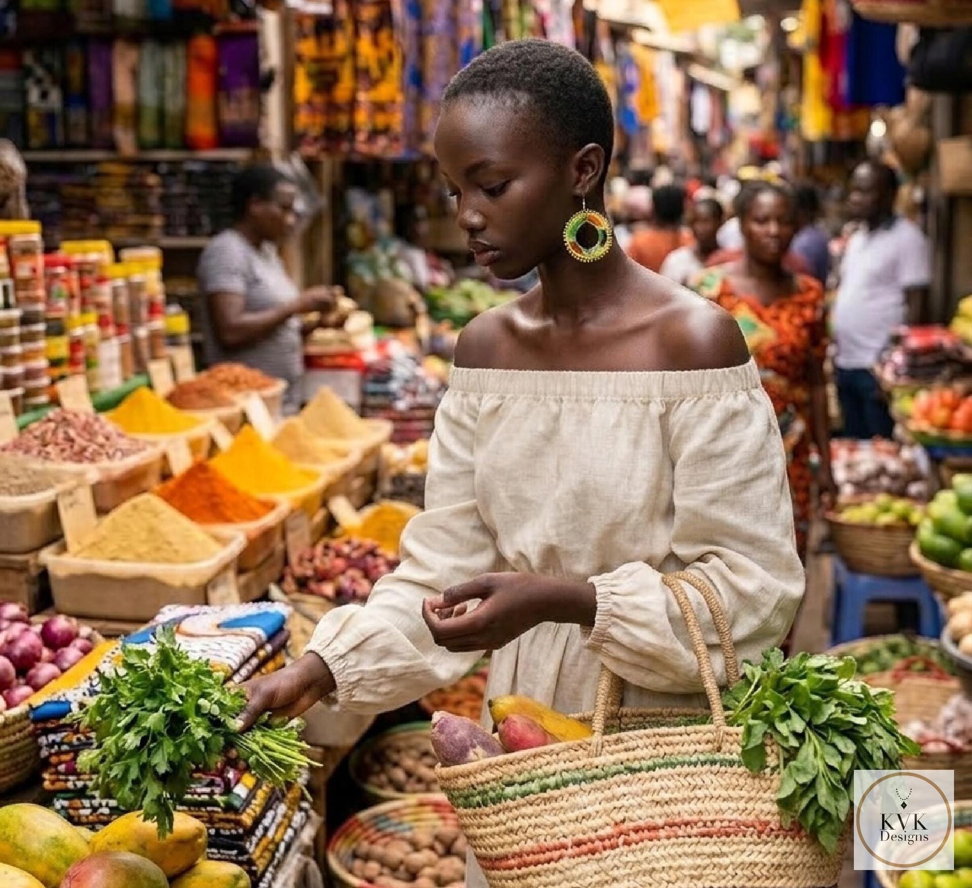 A woman in an off-shoulder dress and colorful beaded earrings featuring circular designs in black, yellow, orange, green, and white shops for fresh herbs at a busy, colorful market filled with spices, vegetables, and other produce. She holds a woven basket. Other shoppers and vendors are visible in the background.
