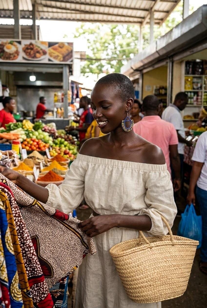 May include: A woman at a market examines colorful fabric. She wears an off-the-shoulder cream-colored top vibrant beaded hoop earrings and carries a woven basket. The market stall displays spices and produce, creating a vibrant scene.