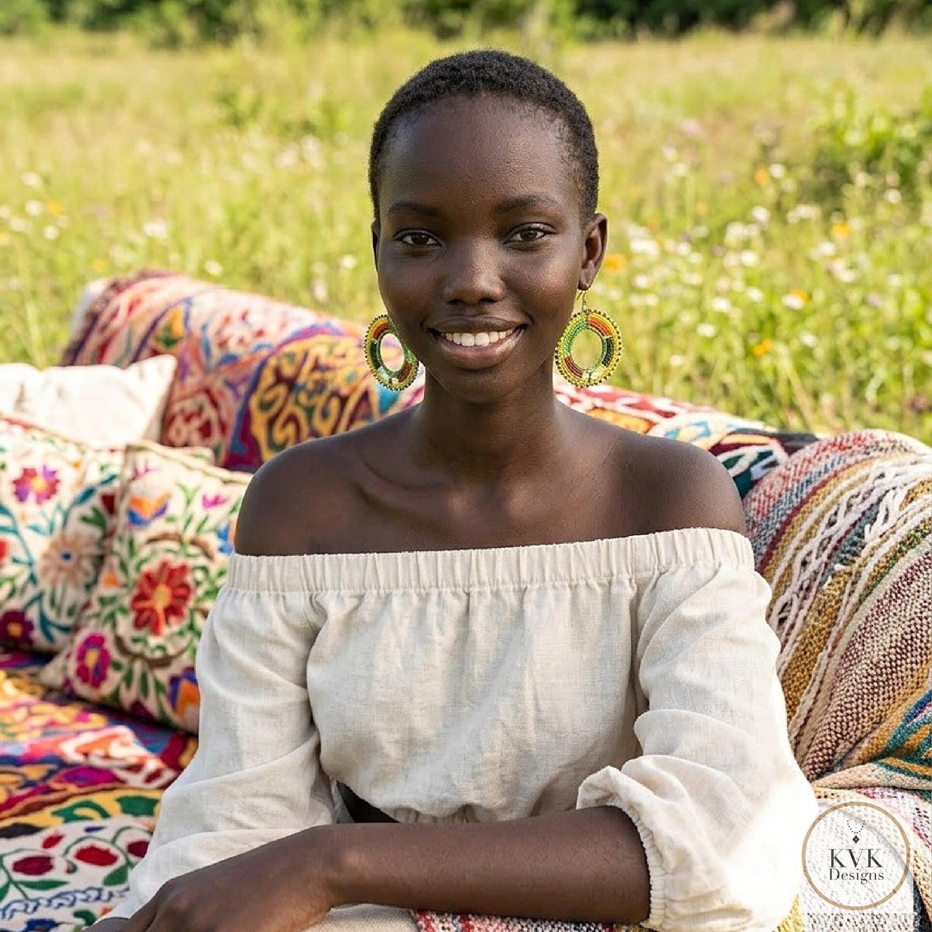 A woman with short hair and large hoop beaded maasai earrings sits on a colorful, patterned couch in a sunny, grassy field, smiling at the camera. She wears an off-the-shoulder, light-colored dress.